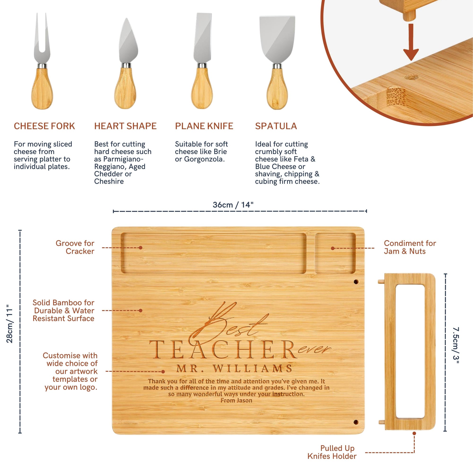 Personalised Bamboo Wooden Cheese Board & Knife Travel Set, Engraved Serve Tray, Charcuterie Platter, Wedding, Anniversary, Corporate, Housewarming Gift