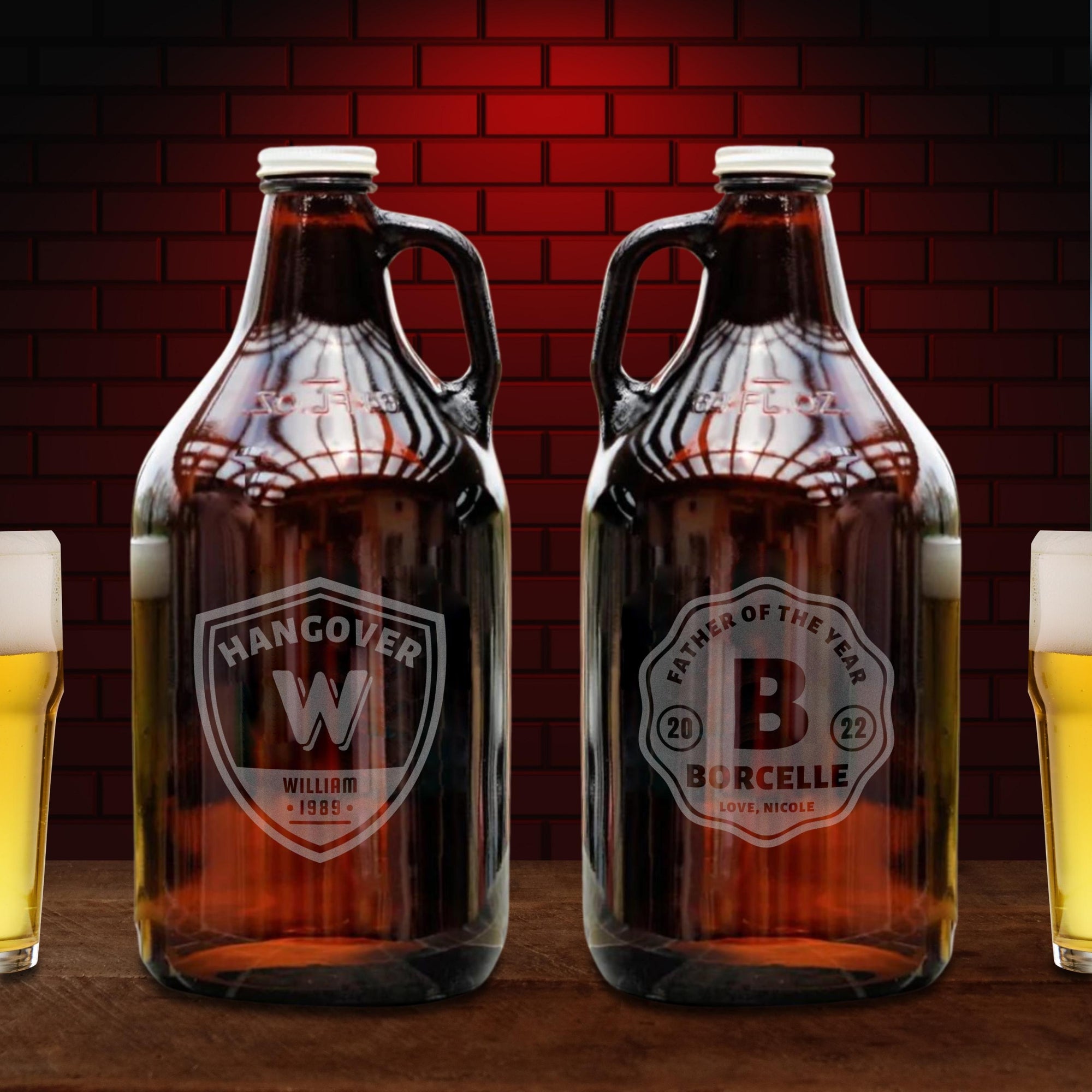 Personalised 1.9L Amber Glass Craft Beer Growler, Engraved Brewery Takeaway Tankard Bottle, Etched Custom Logo Corporate/ Father/ Housewarming Gift, Wedding/ Groomsmen Favour