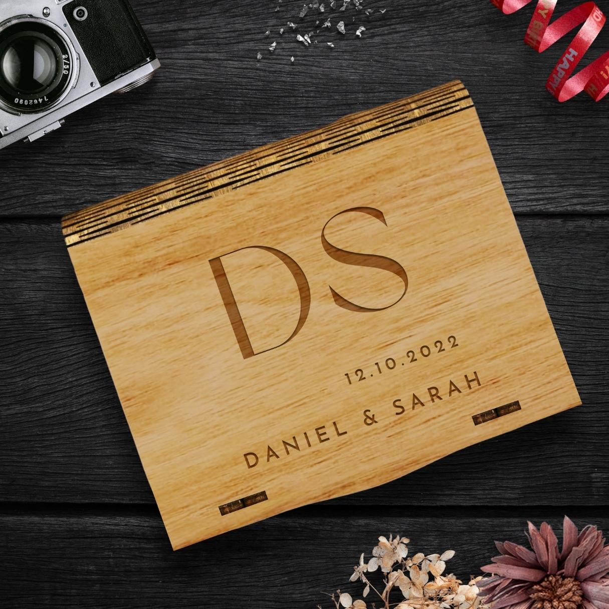 Custom Made Laser Cut & Engraved Wedding Photo Storage Wooden Book Box, Personalised Plywood/ MDF Name/ Logo Birthday, Anniversary Photograph Novel Gift Boxes