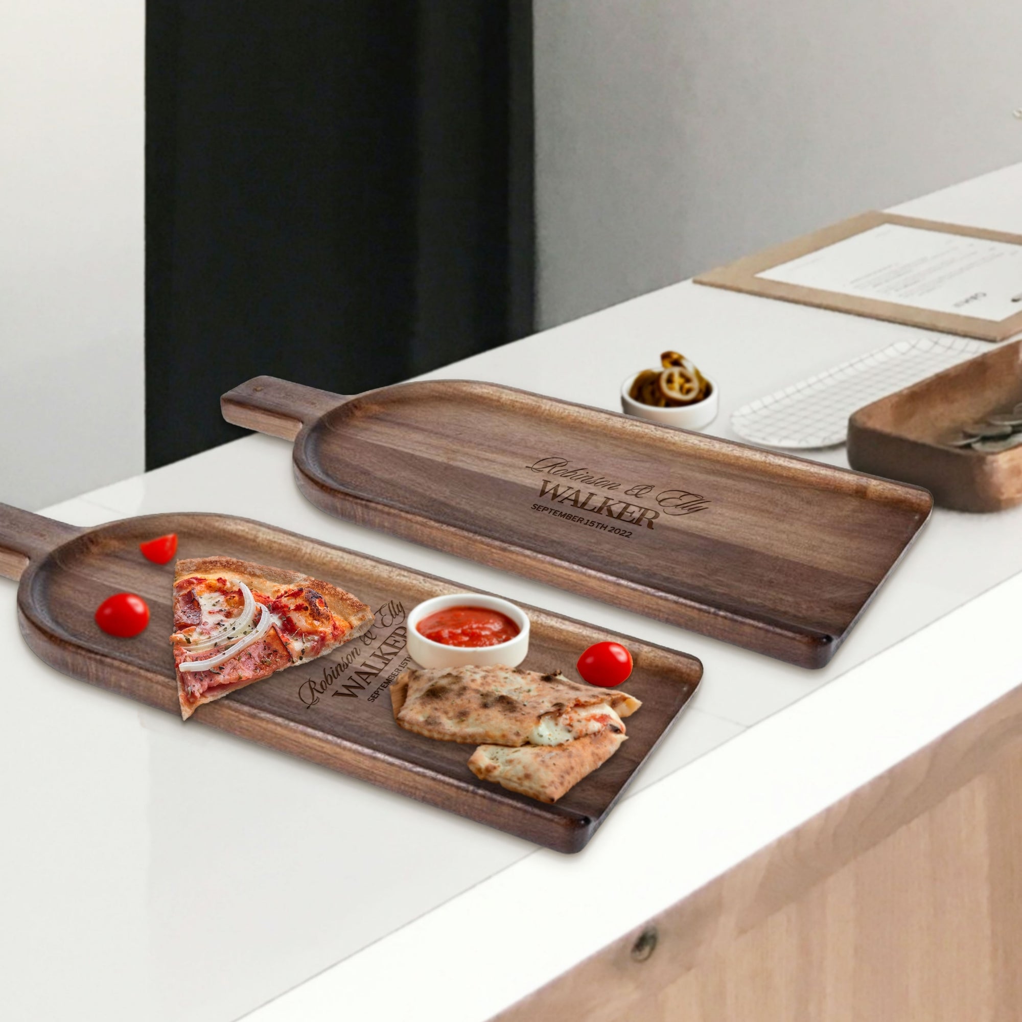 Personalised Acacia Cheese Paddle Serving Board, Custom Engraved Charcuterie Wooden Handle Platter, Cutting Chopping Tray, Housewarming Gift