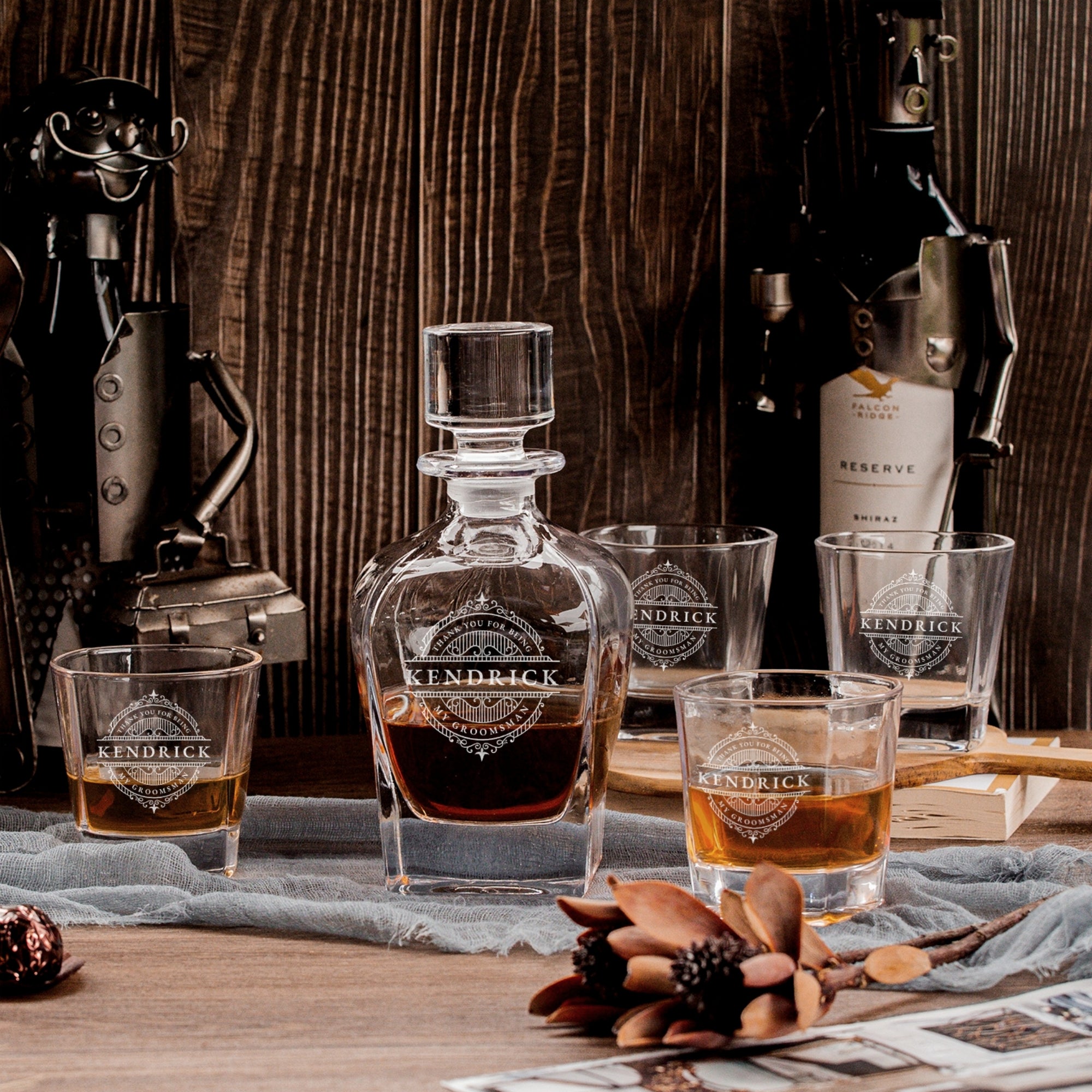 Personalised Curve Whiskey Decanter & 6 Scotch Glasses Box Set , Custom Engraved Whisky Barware, Housewarming, Groomsmen, Dad, Birthday Gift