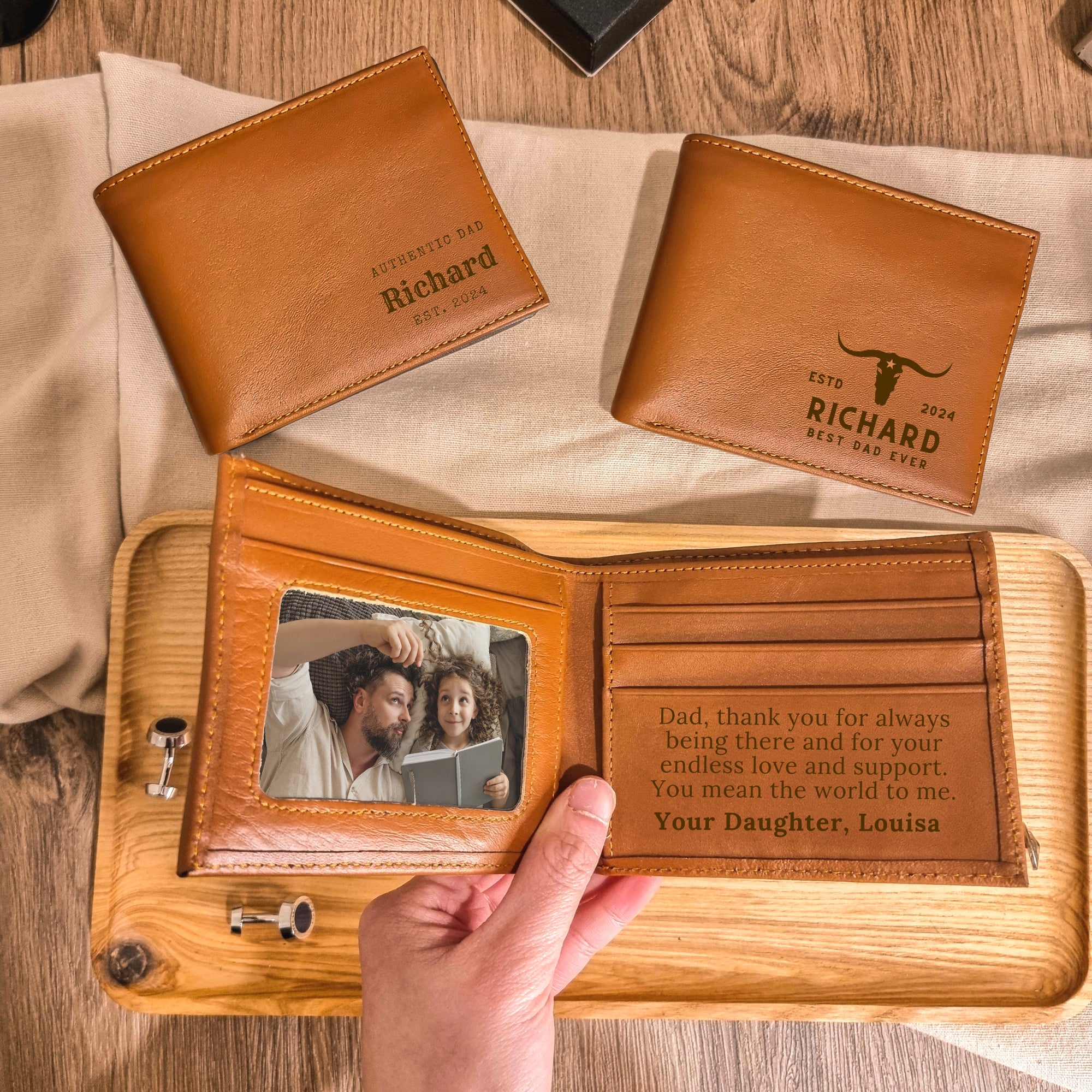 Personalised Wood Corkscrew, Leather Tan Wallet, Hip Flask Set in Custom Engraved Wooden Box, Best Man, Dad, Groomsman Proposal Wedding Gift