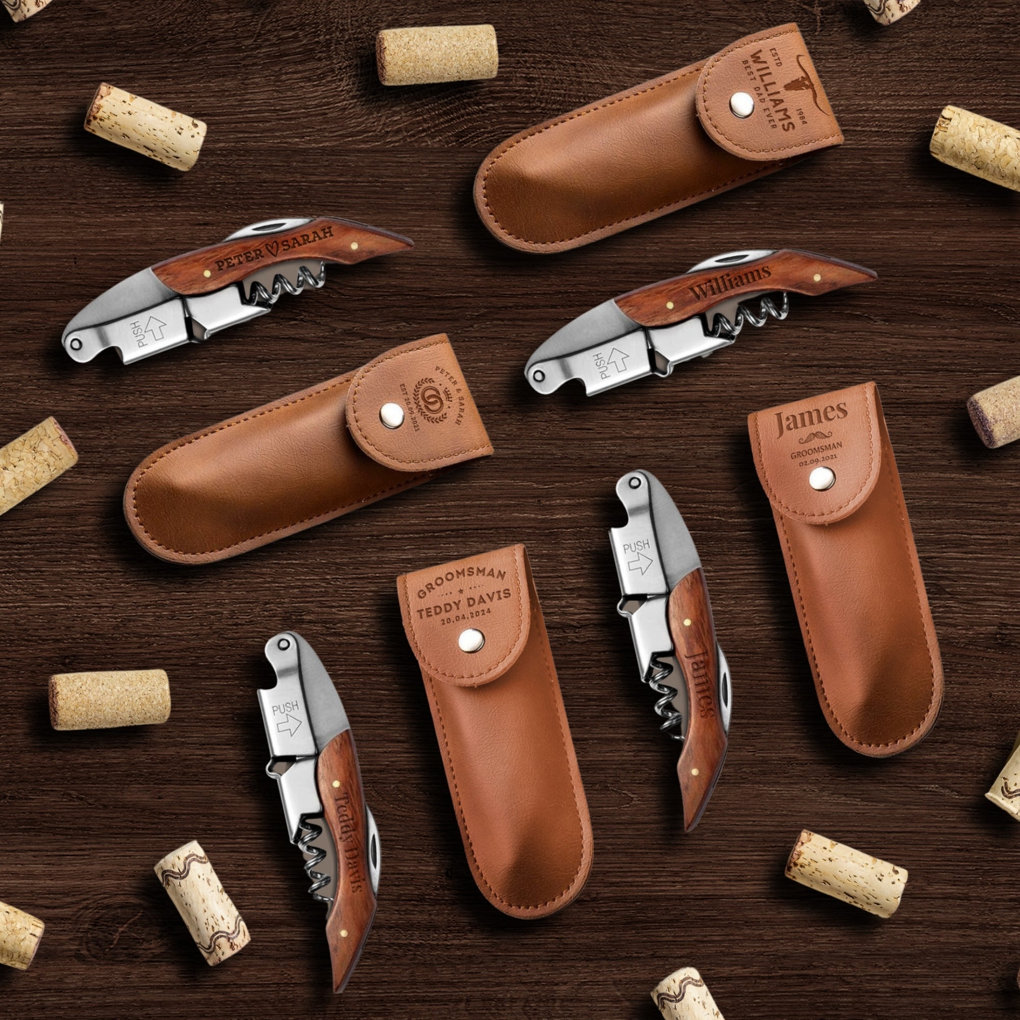 Personalised Wooden Handle Corkscrew & Leather Pouch Wine Set, Bottle Opener, Custom Logo Knife Foil Cutter, Corporate/ Groomsmen/ Dad Gift