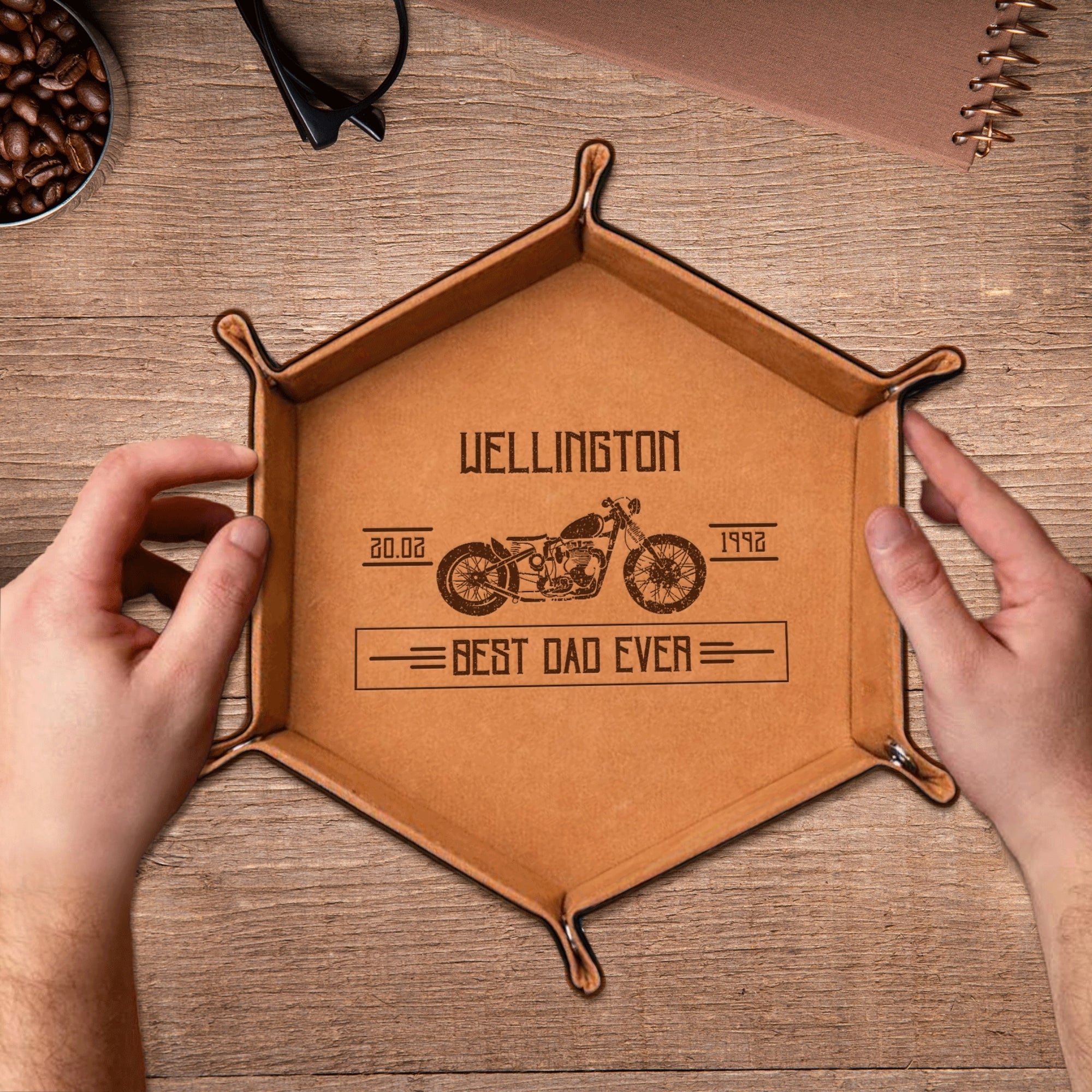 Personalised Hexagon Leatherette Foldable Valet Catchall Tray, Custom Engraved Nightstand Organiser, Jewellery Storage, Desk Caddy, Dad Gift