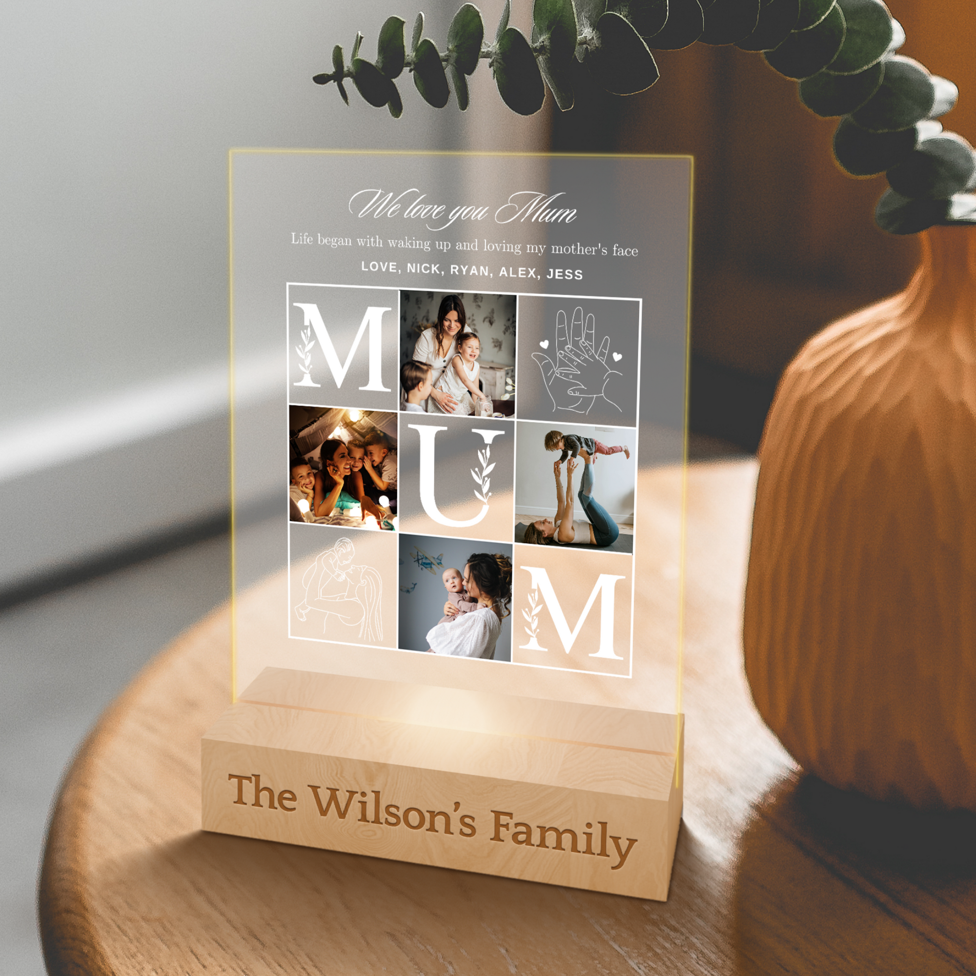 Custom 3D Collage Mom Photos Names LED Night Light, Personalised UV Printed Acrylic Wooden Table Lamp Sign Room Decor, Mum Mother's Day Gift