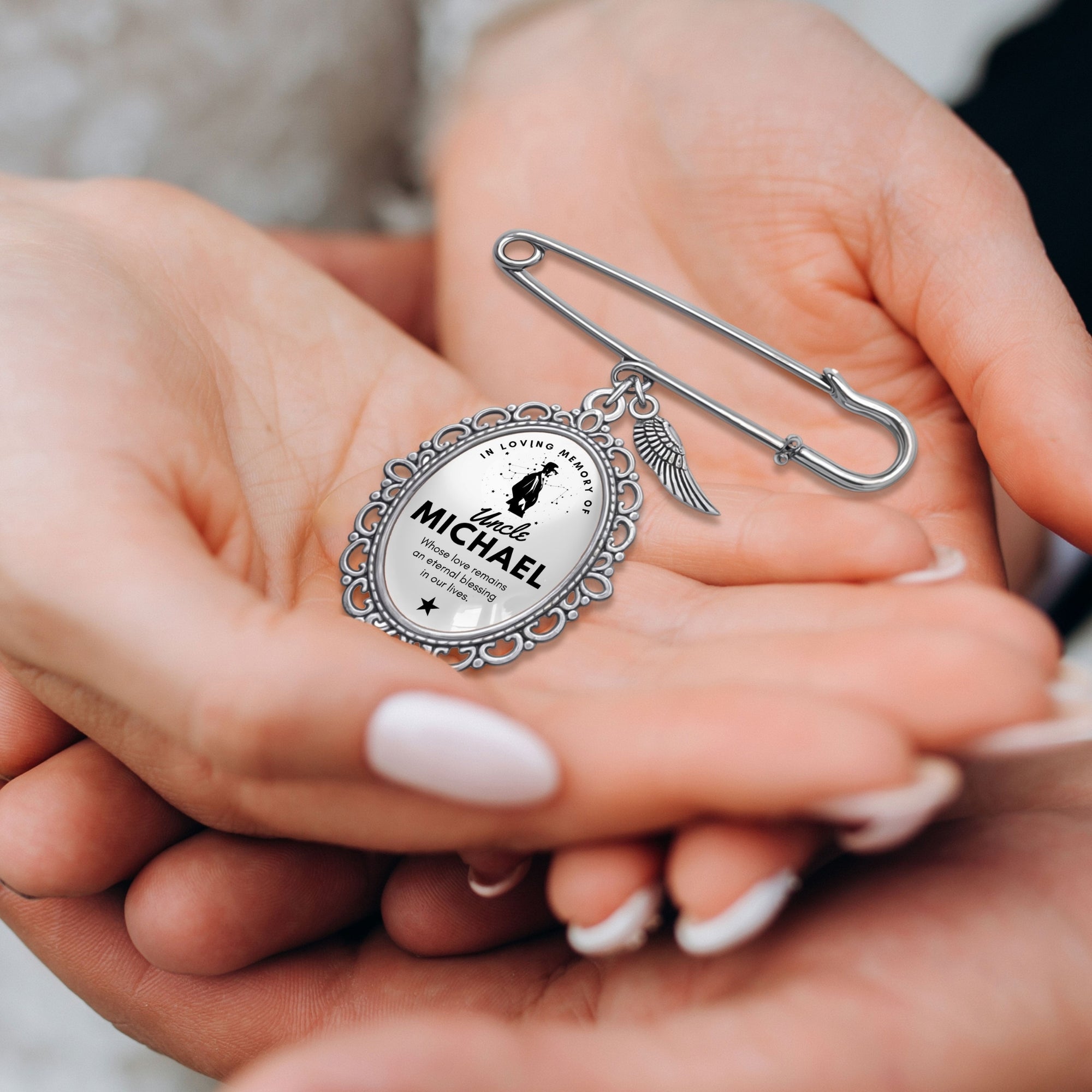 Personalised Photo & Message Memorial Bridal Bouquet Pin Charm, Custom Print Picture In Loving Memory Quotes Brooch Wedding Remembrance Gift