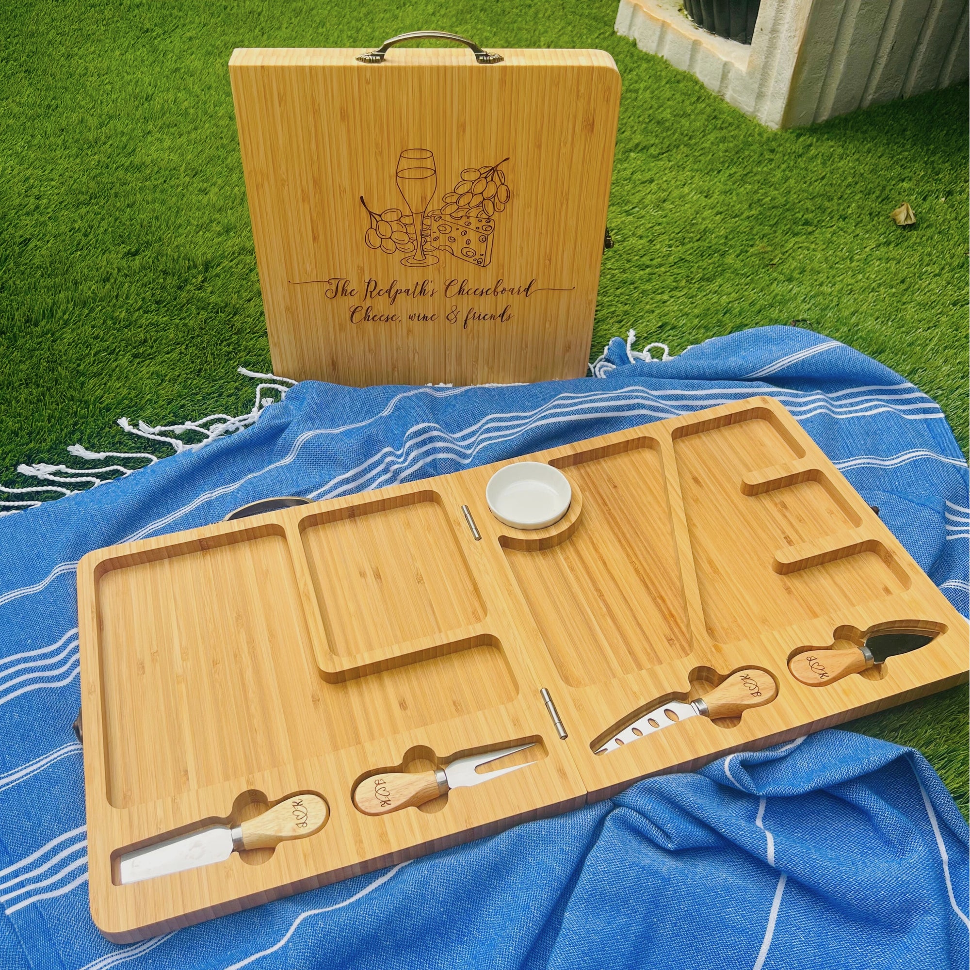Personalised Folding Portable Cheese Board & Knife Set Storage
