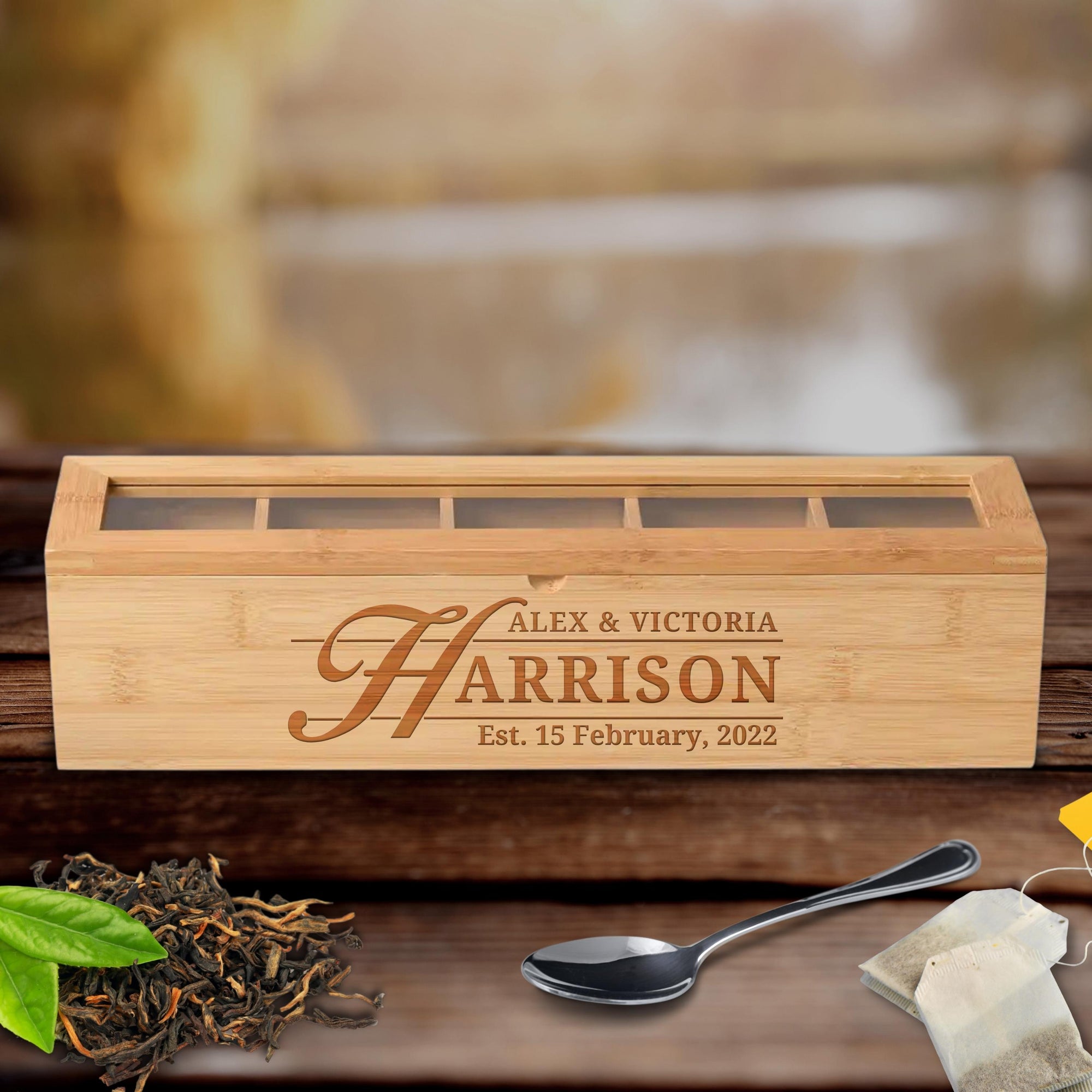 Personalised Bamboo 5 Slots Tea Bag Box, Etched Wooden Keepsake, Engraved Kitchen Custom Organised Storage, Housewarming/ Birthday, Mom-Dad, Teacher, Godparents Gift