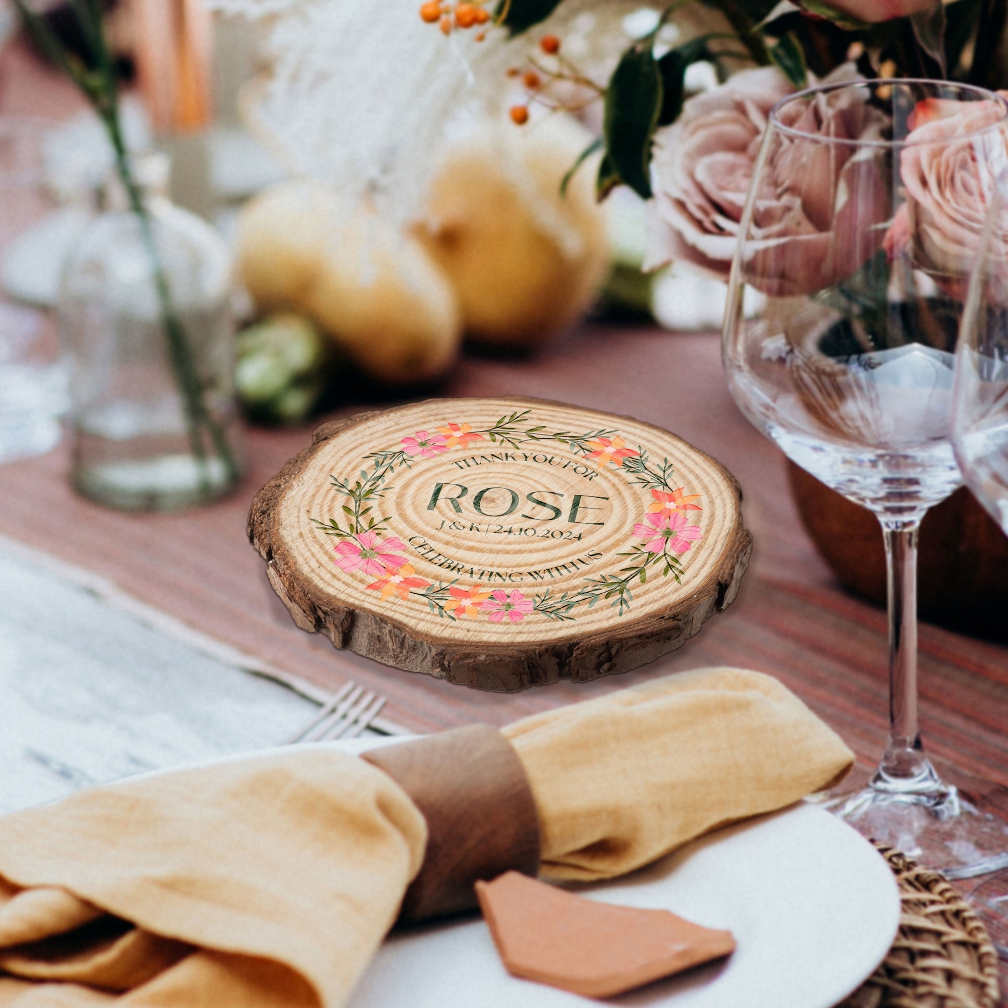 Custom UV Print Photo Wedding Wood Slice Coaster, Personalised Logo Thank You Place Card, Rustic Drink Mat Bridesmaid Favour Hens Party Gift