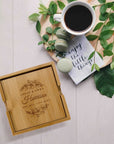 Personalised Set of 4 Bamboo Coasters, Custom Engraved Logo Drink Mat Teacher/ Wedding/ Anniversary / Housewarming/ Birthday/ Corporate Gift