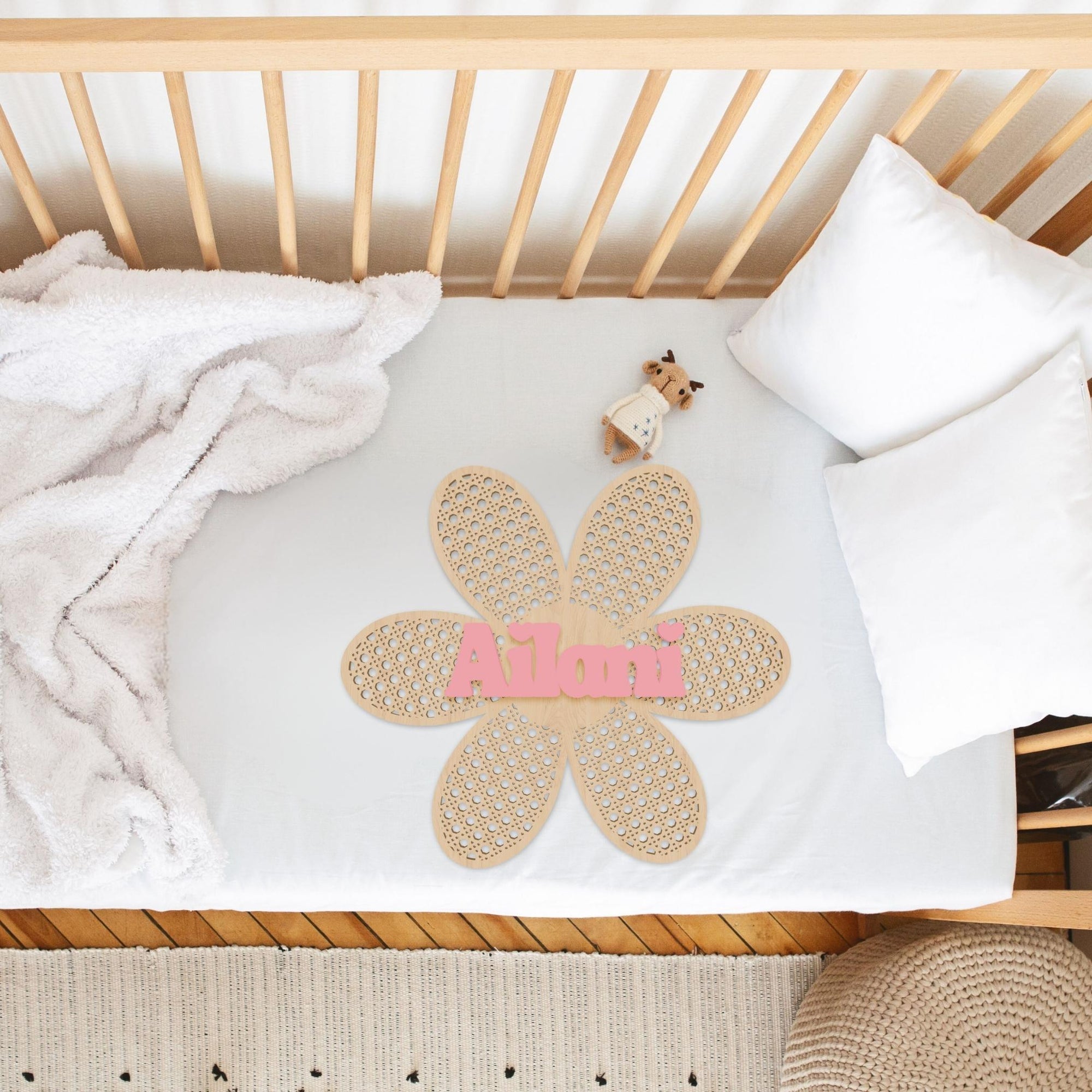 Custom Made 3D Acrylic Name Rattan Daisy Flower Sign, Personalised Kid Nursery Coastal Hampton Wall Decor, Birthday Baby Shower Logo Signage