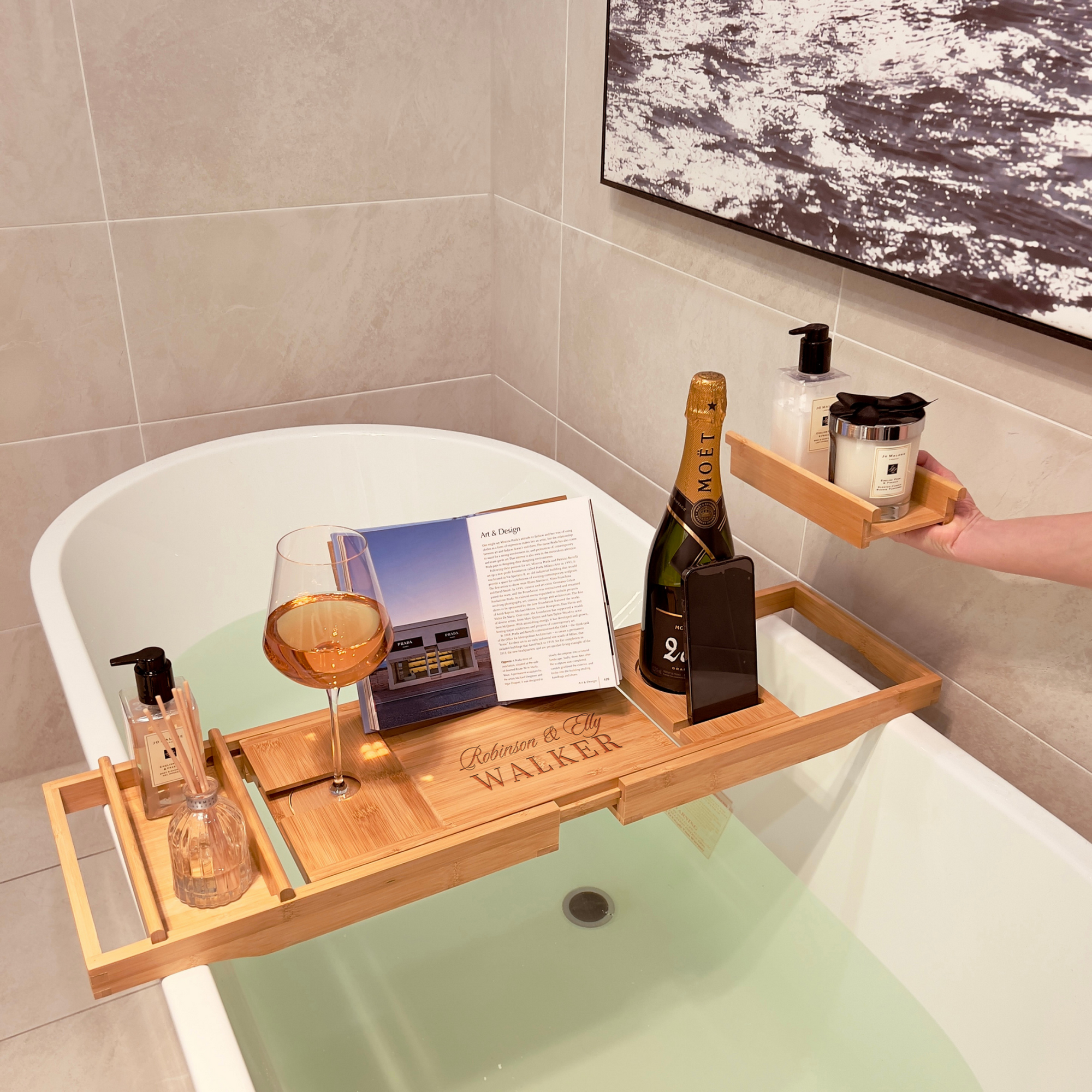 Personalised Bamboo Extendable Bath Caddy Tray, Engraved Adjustable Bathtub Storage Organiser Rack, Wine Glass Phone Tablet Ipad Book Holder