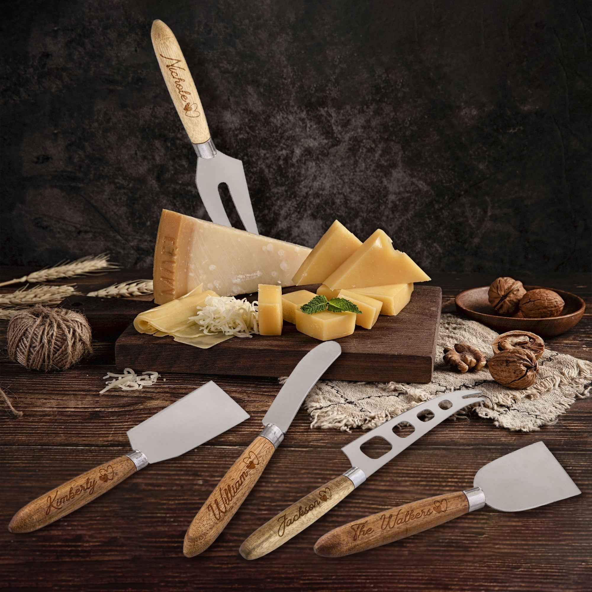 Personalised Fines Food Wooden Cheese Knife Set 5 Pieces, Custom Engraved Serving Charcuterie Spreader, Birthday Corporate Housewarming Gift