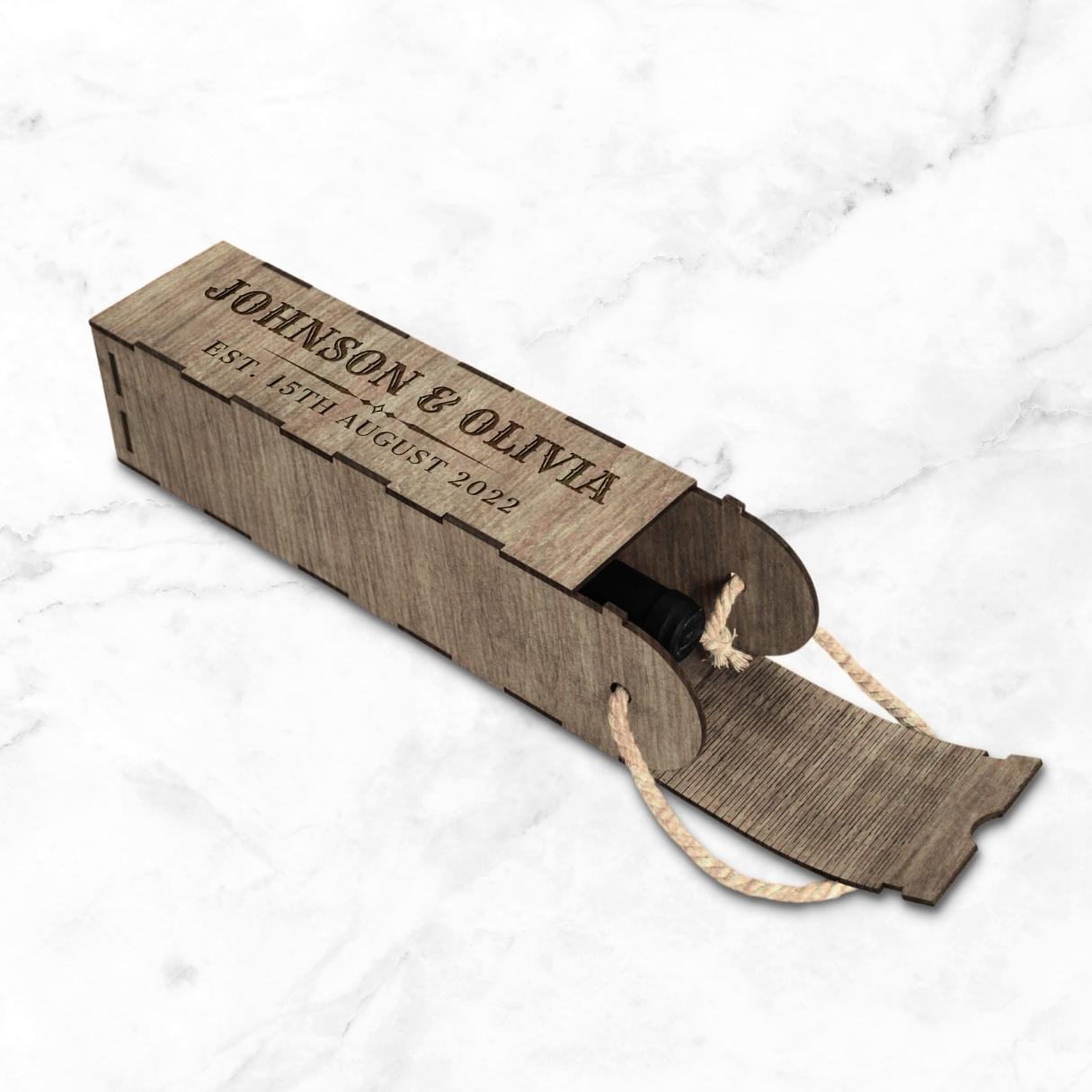 Custom Made Laser Cut & Engraved Carry Rope Handle Wooden Wine Box, Personalised Plywood/ MDF Name/ Logo Wedding, Birthday, Corporate Wine Bottle Gift Boxes
