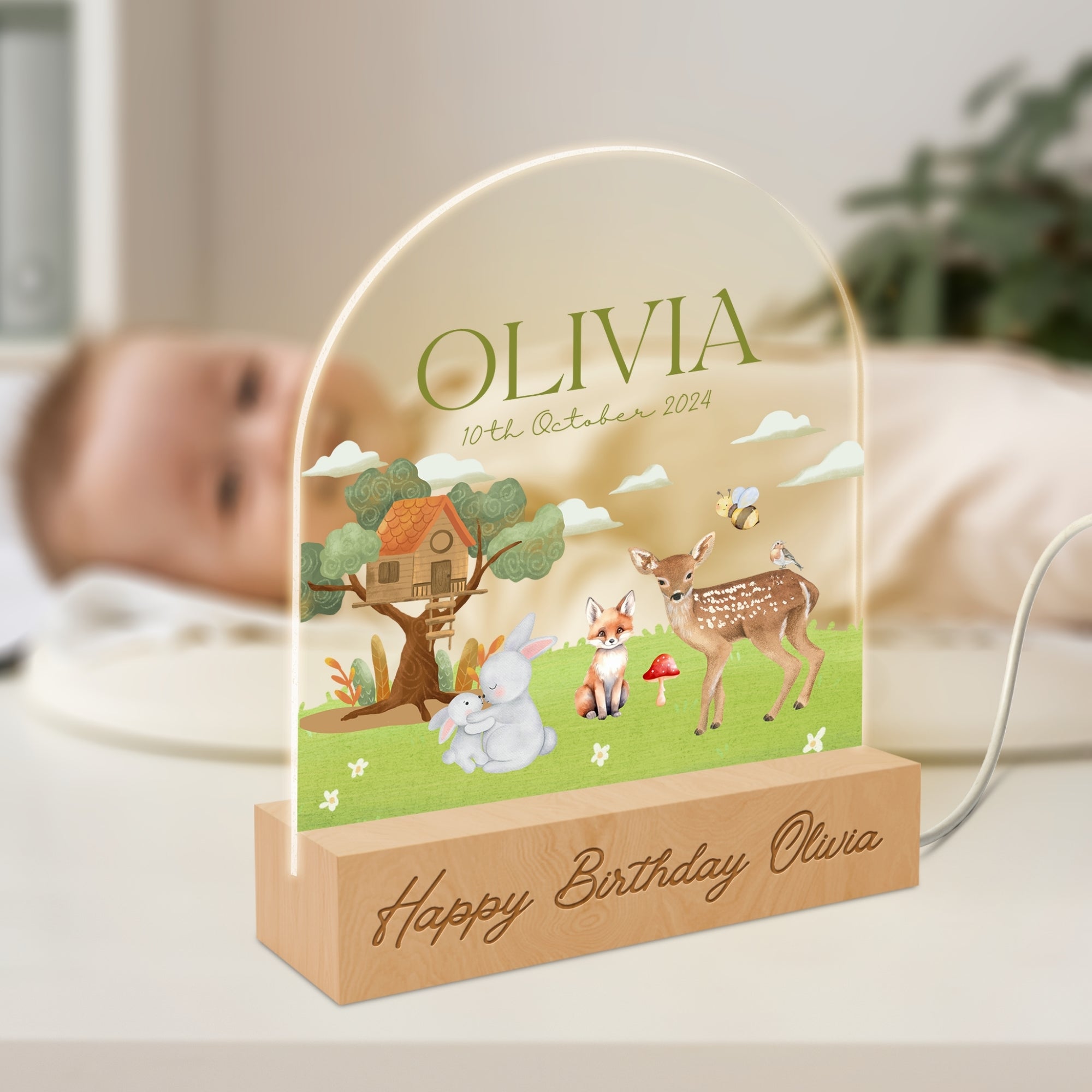 Personalised 3D Kid LED Night Light, Custom Waterpaint Cartoon Animal & Name Wood Acrylic Print Table Lamp, First Birthday, Nursery Kid Gift