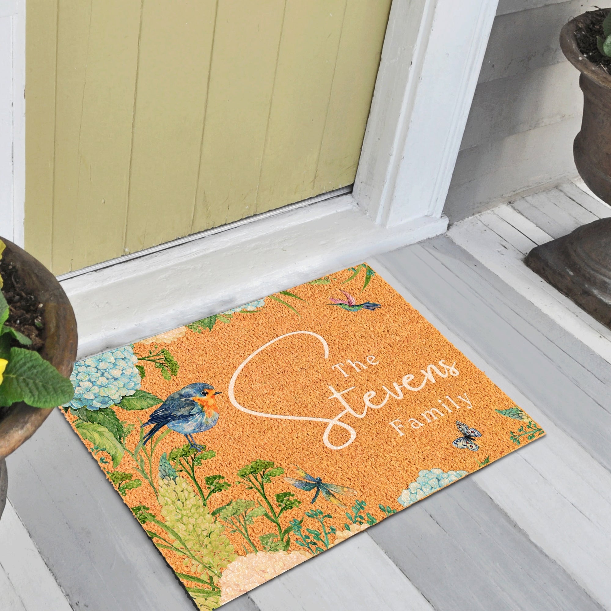 Personalised Floral Garden Coir Doormat, Customised Color Logo Printed Property Estate Entry Welcome Outdoor Indoor Mat, Housewarming Gift