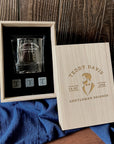 Personalised Wooden Whiskey Box, Scotch Glass, Ice Stones, Coaster, Custom Engraved Barware Set, Groomsman, Dad, Birthday, Corporate Gift