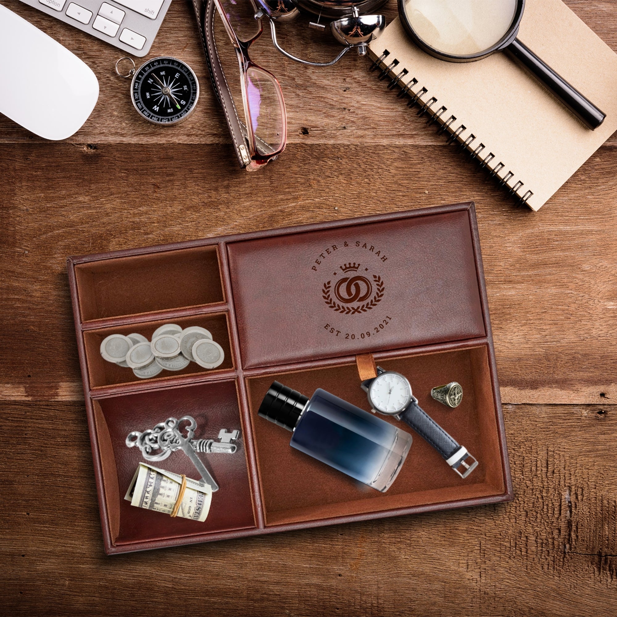 Personalised Leatherette Valet Catch All Tray, Custom Engraved Night Stand Organiser Station, Jewellery Storage, Desk Caddy, Father Mom Gift