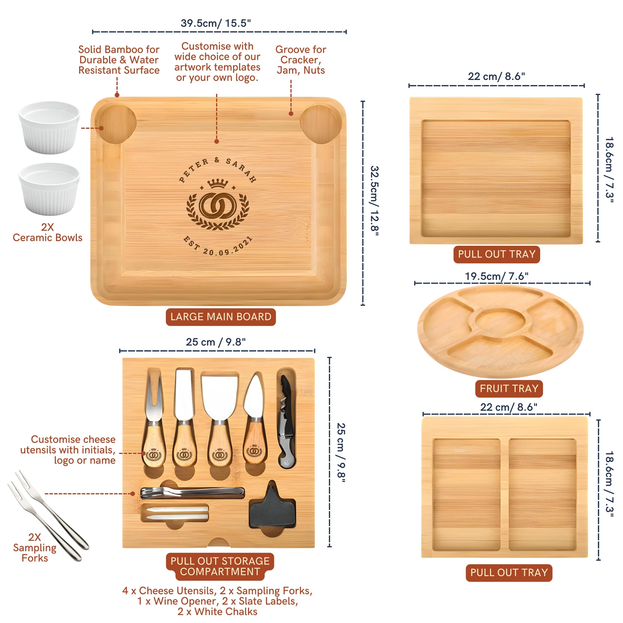 Personalised Bamboo Pull Out 3 Drawer Cheese Board & Knife Tools Set with Fruit Tray, Engraved Wooden Charcuterie Platter, Anniversary Gift