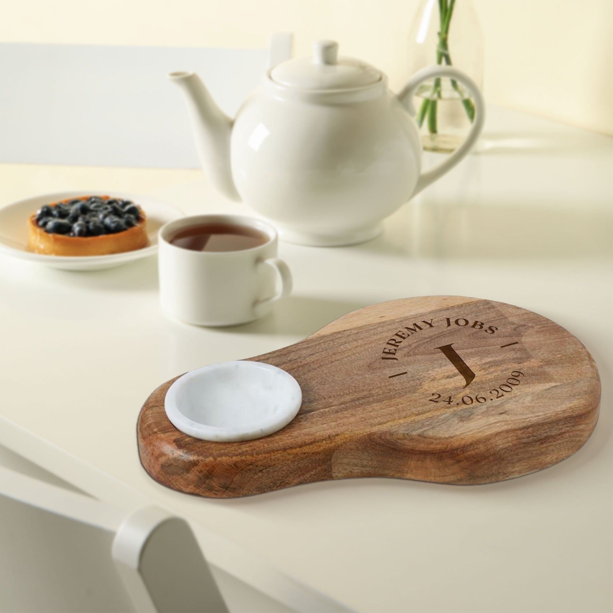 Personalised Wooden Serving Board & Marble Dip Bowl Insert, Custom Engraved Cheese Tray, Charcuterie Platter, Mom, Kitchen Housewarming Gift