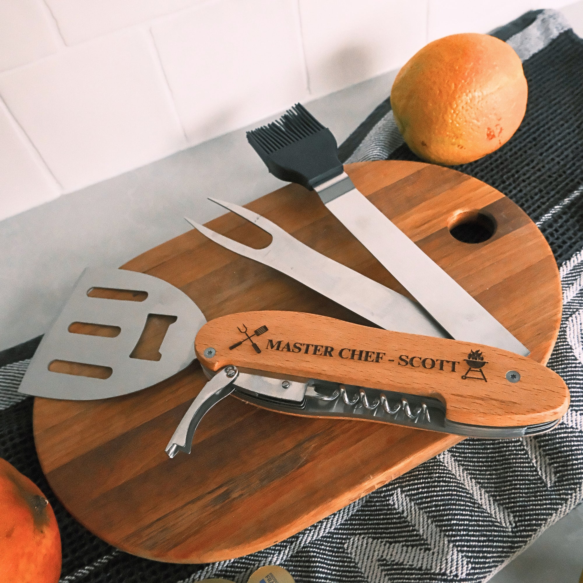 Personalised 5 in 1 Foldable Multi Wooden & Stainless Steel BBQ Tool