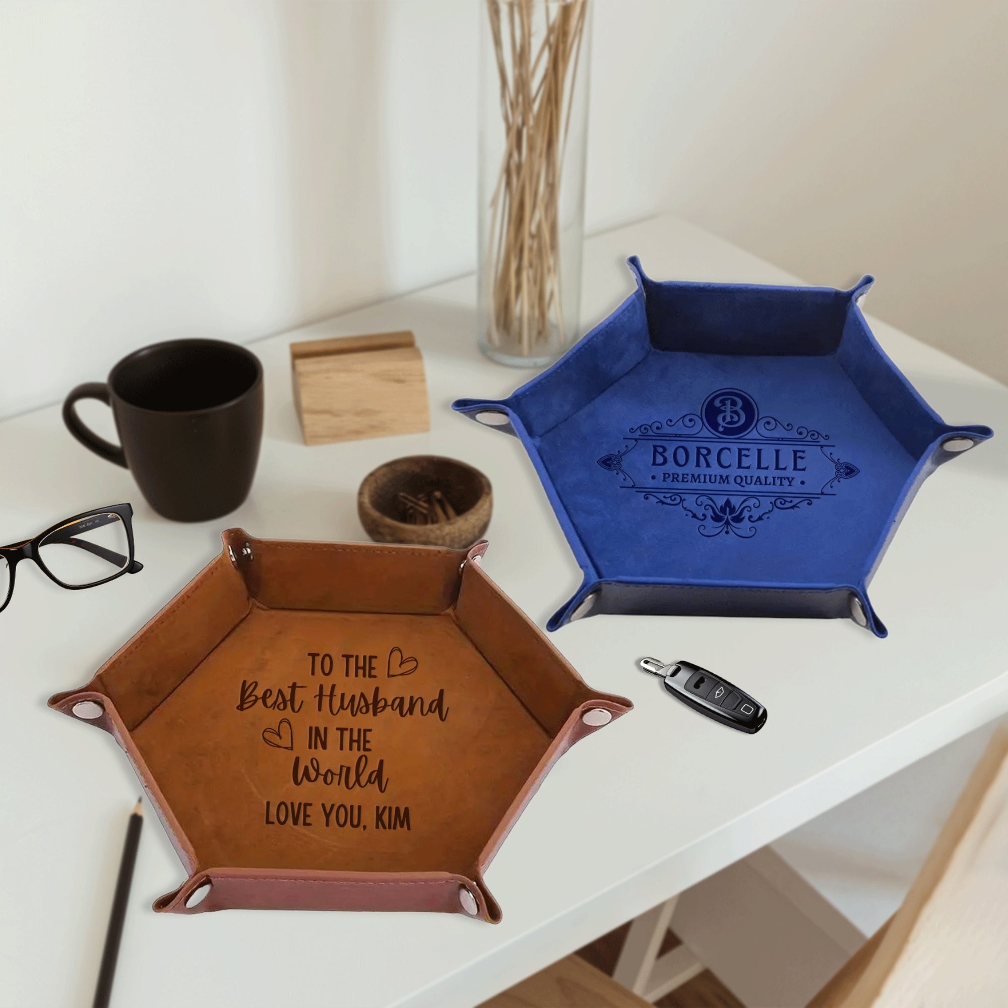 Personalised Hexagon Leatherette Foldable Valet Catchall Tray, Custom Engraved Nightstand Organiser, Jewellery Storage, Desk Caddy, Dad Gift