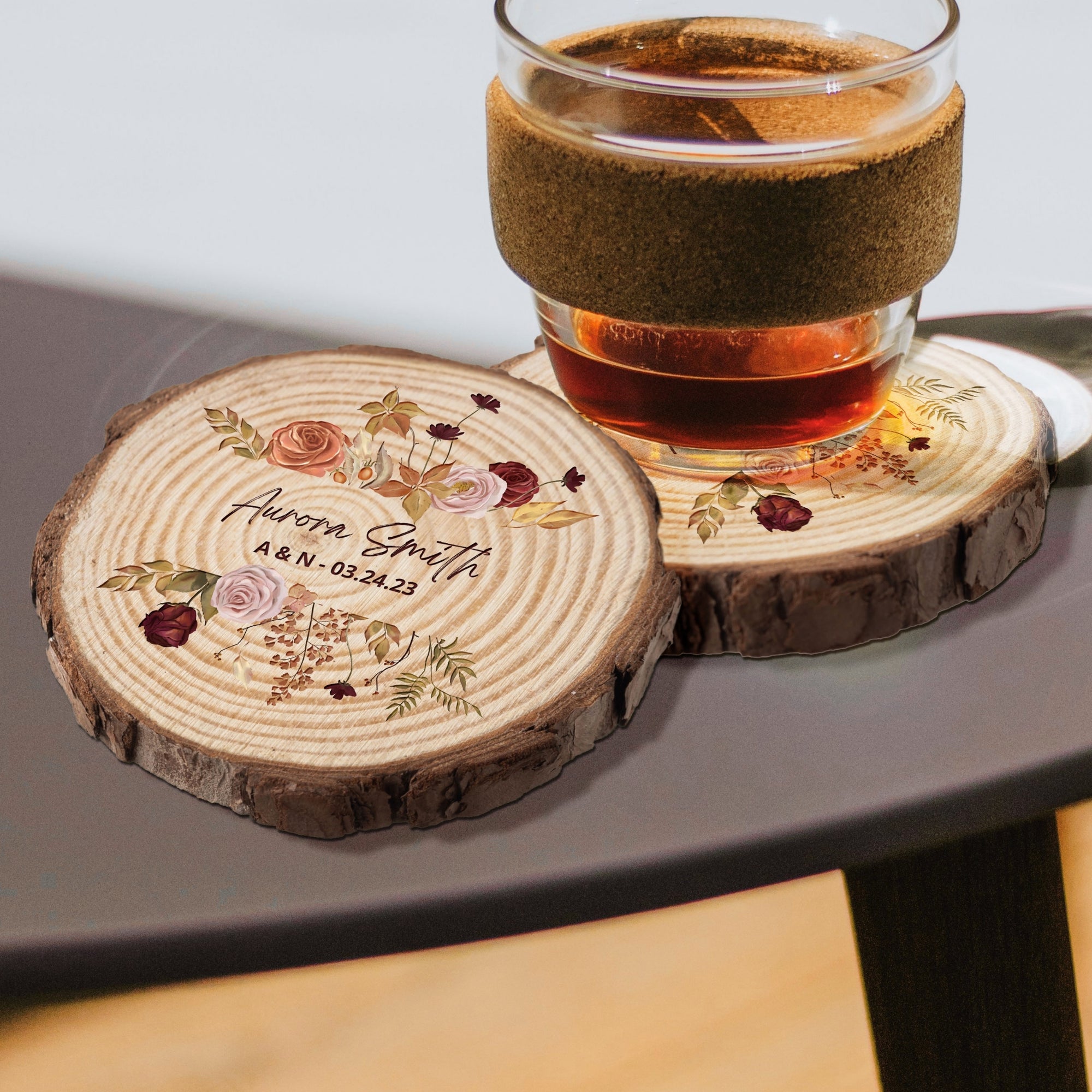 Custom UV Print Photo Wedding Wood Slice Coaster, Personalised Logo Thank You Place Card, Rustic Drink Mat Bridesmaid Favour Hens Party Gift