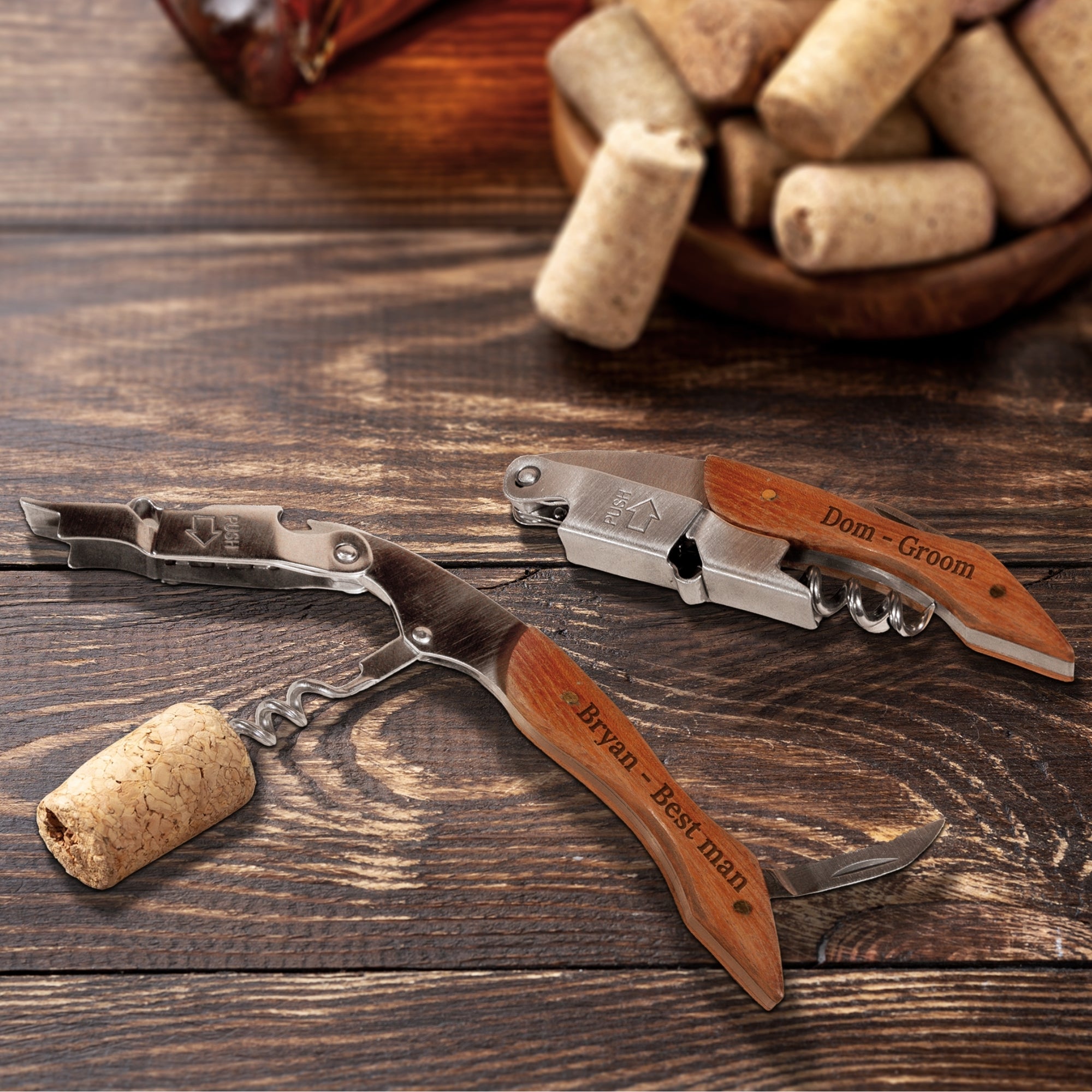Personalised Wooden Handle Corkscrew & Leather Pouch Wine Set, Bottle Opener, Custom Logo Knife Foil Cutter, Corporate/ Groomsmen/ Dad Gift