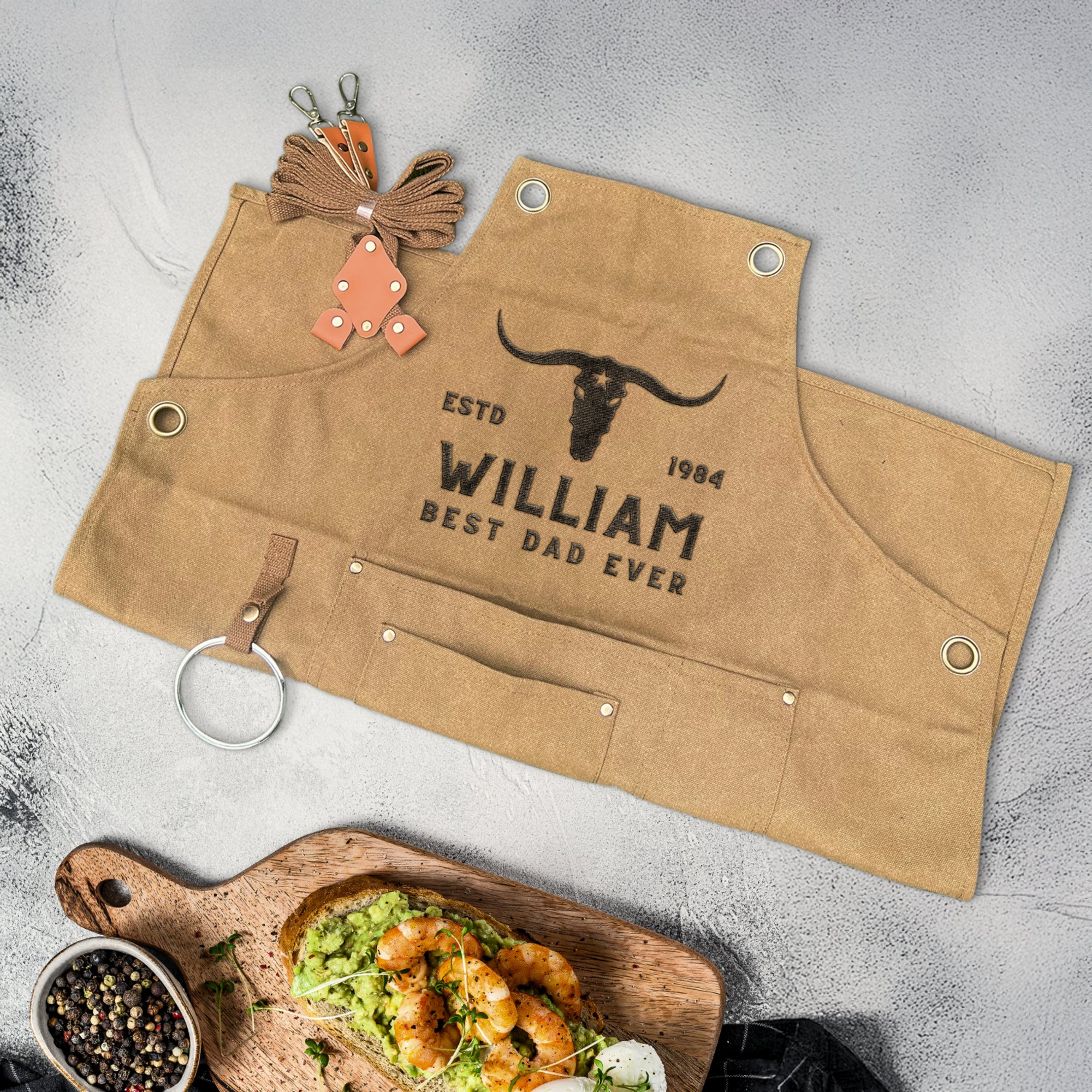 Embroidered Canvas Apron with Multi Pockets & Hanging Ring