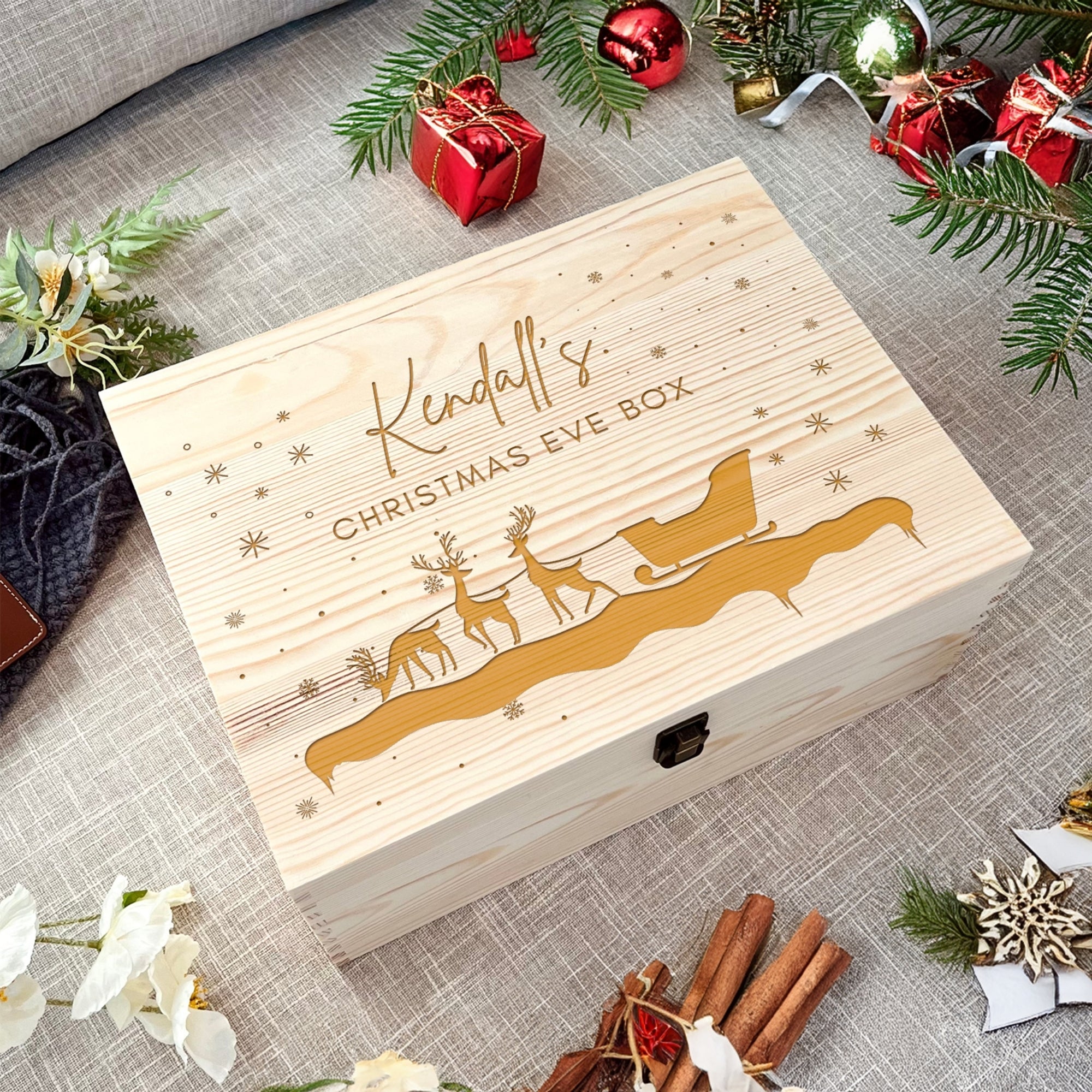 Personalised Wooden Reindeer Christmas Eve Box, Custom Engraved Keepsake Kid Treasure Santa Storage First Xmas Couple New Home Memorial Gift