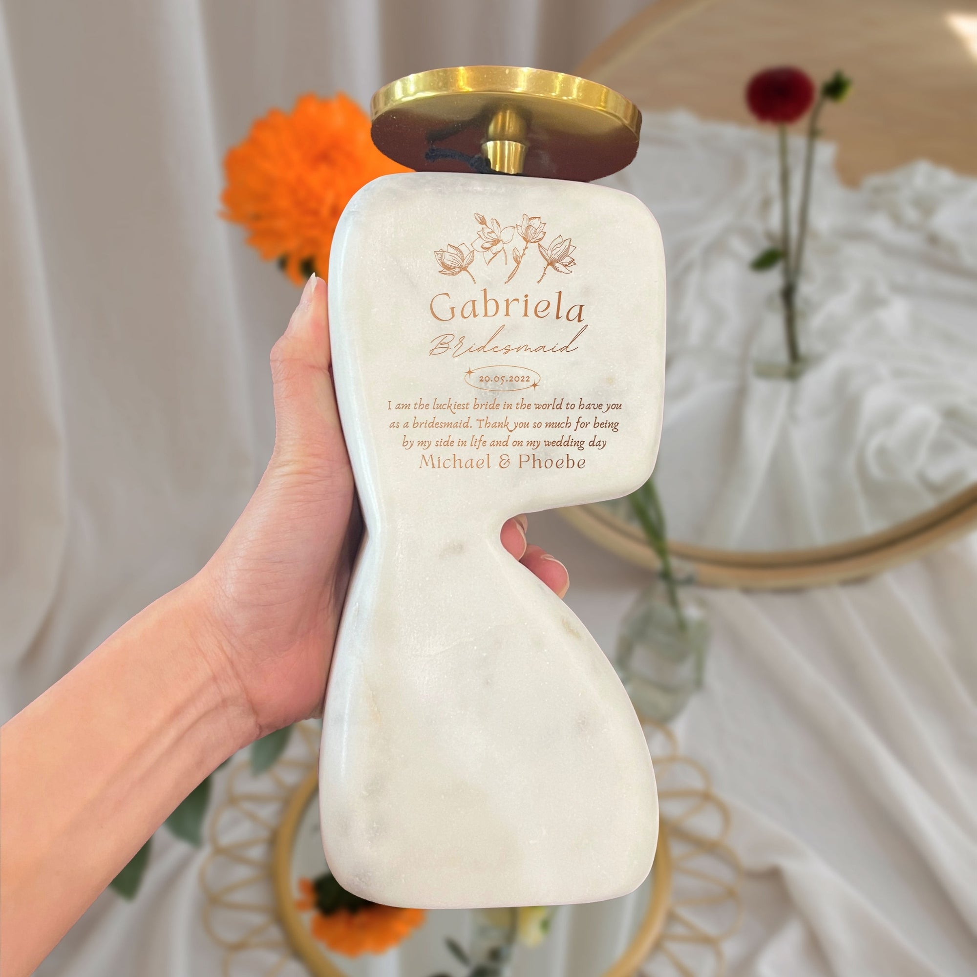 Personalised Marble & Brass Candle Holder, Custom Engraved  Metallic Paint Silhouette Abstract Jewellery Accessories Tray, Housewarming Gift