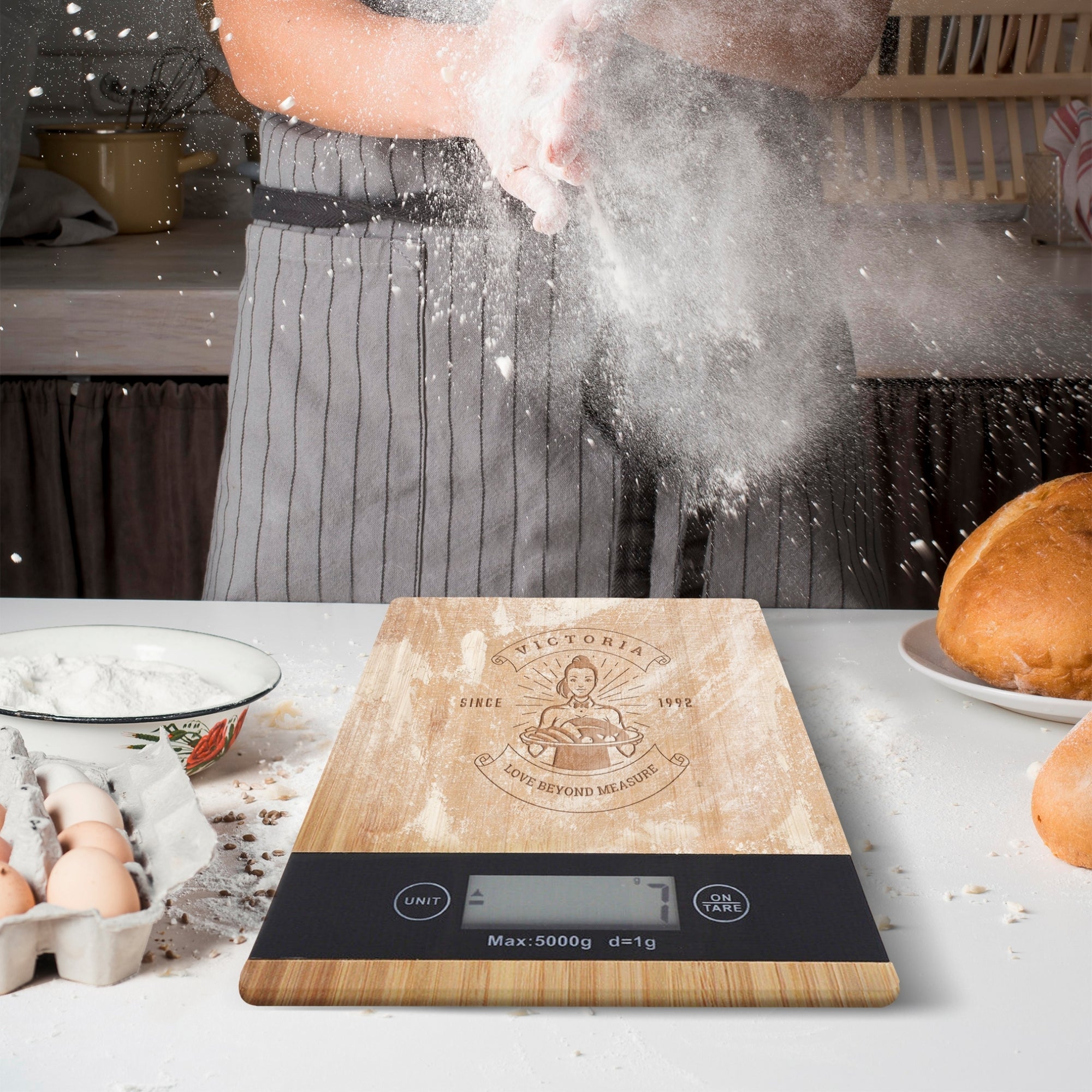 Custom Engraved Bamboo Kitchen Scale, Personalised Digital Electronic Weighing, Mother's Day, Corporate Housewarming, Chef Kitchenware Gift