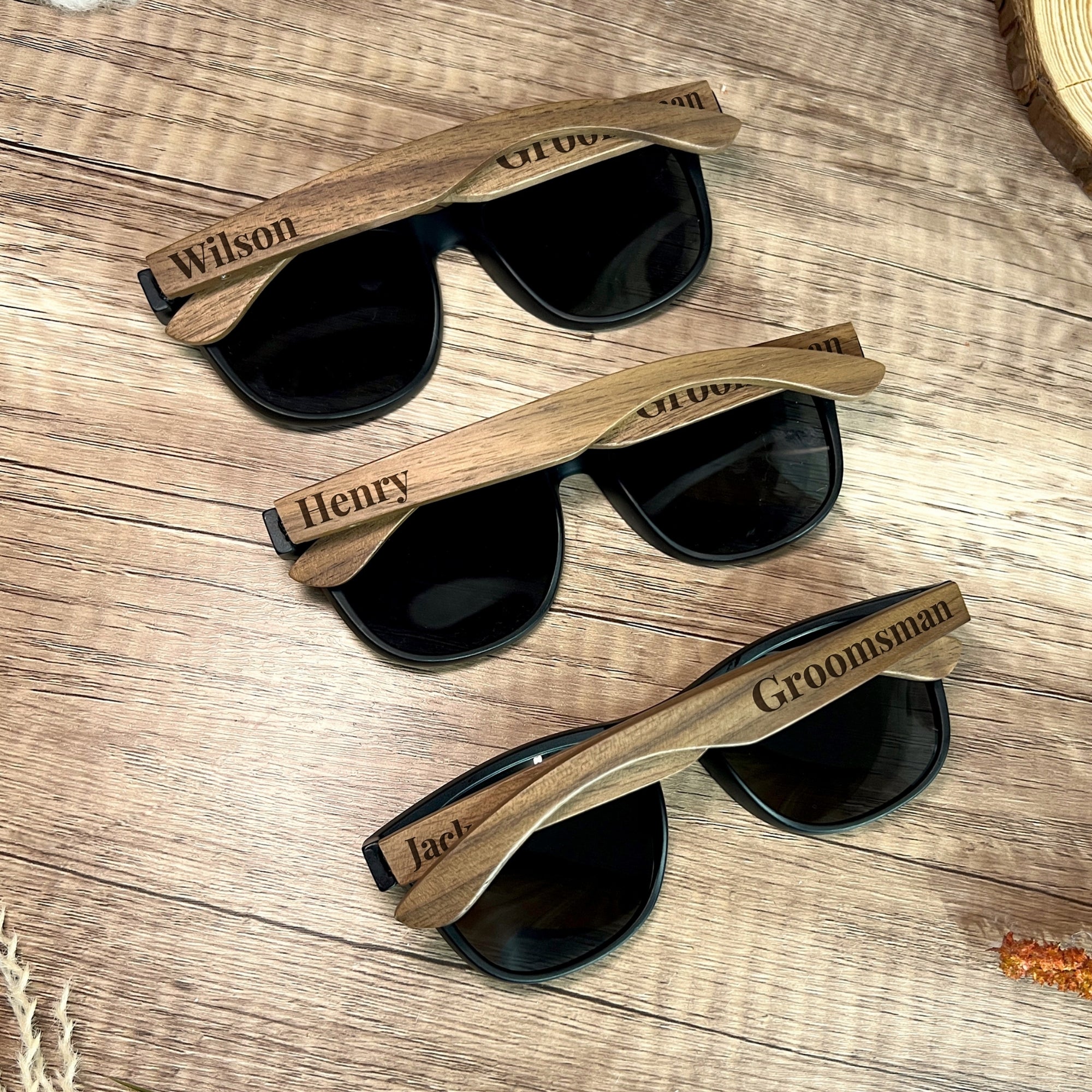 Personalised Wooden Polarised Sunglasses & Walnut Cylinder Box, Custom Engraved Logo Eyeware Glasses Case, Groomsman Dad Gift Wedding Favour