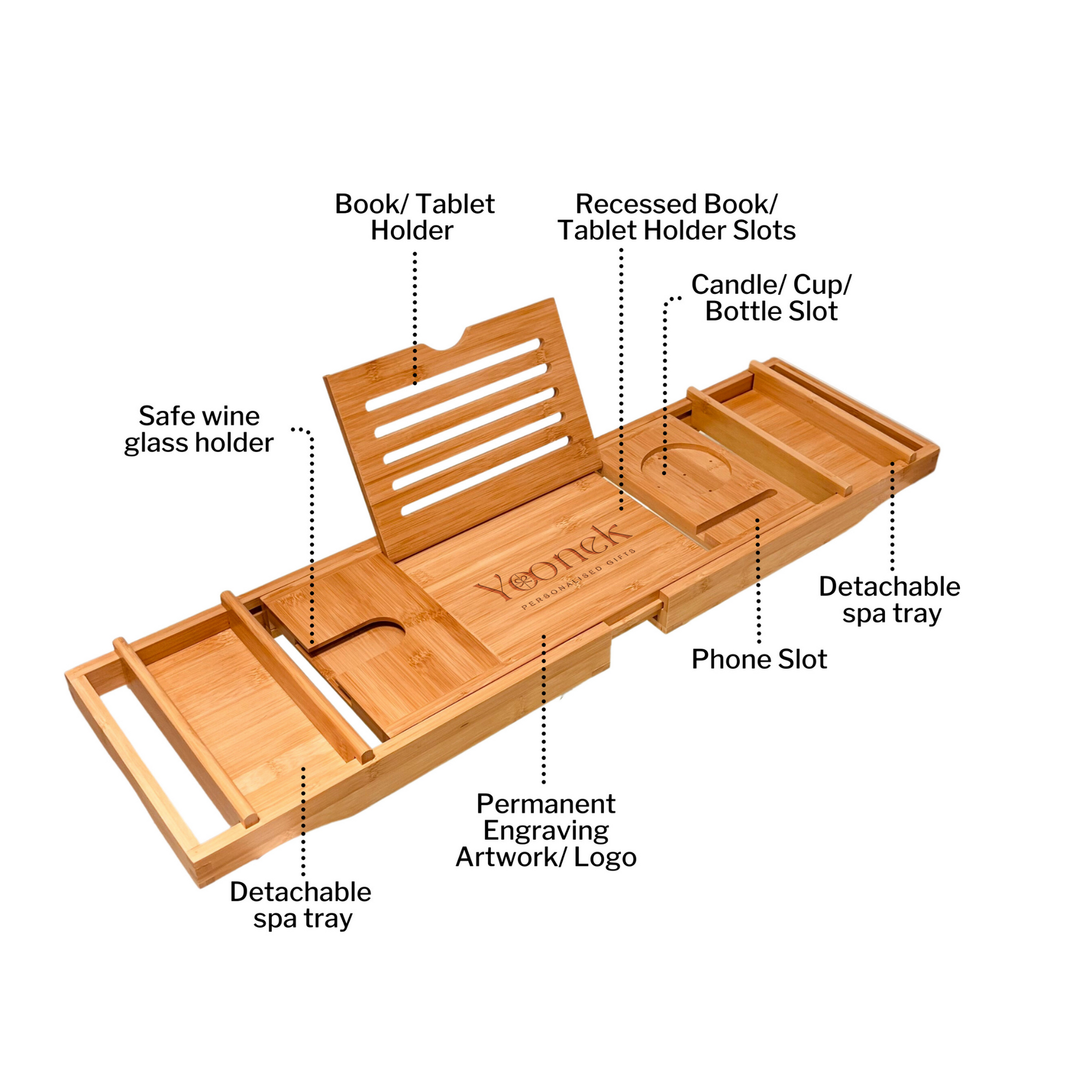 Personalised Bamboo Extendable Bath Caddy Tray, Engraved Adjustable Bathtub Storage Organiser Rack, Wine Glass Phone Tablet Ipad Book Holder