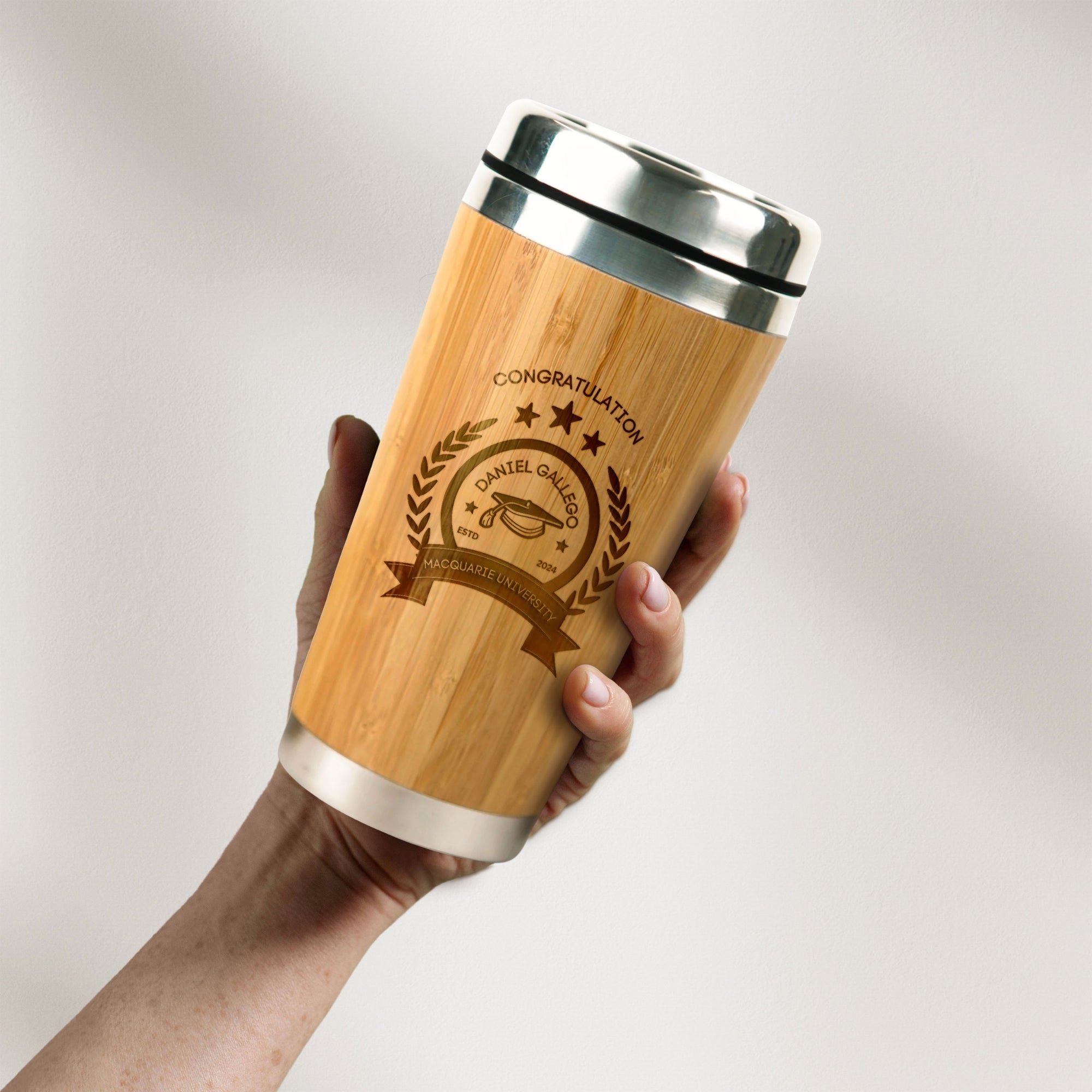 Personalised Bamboo, Stainless Steel Insulated Cup, Custom Engraved Logo Travel Thermal Tumbler, Vacuum Mug Flask, Teacher, Corporate Gift