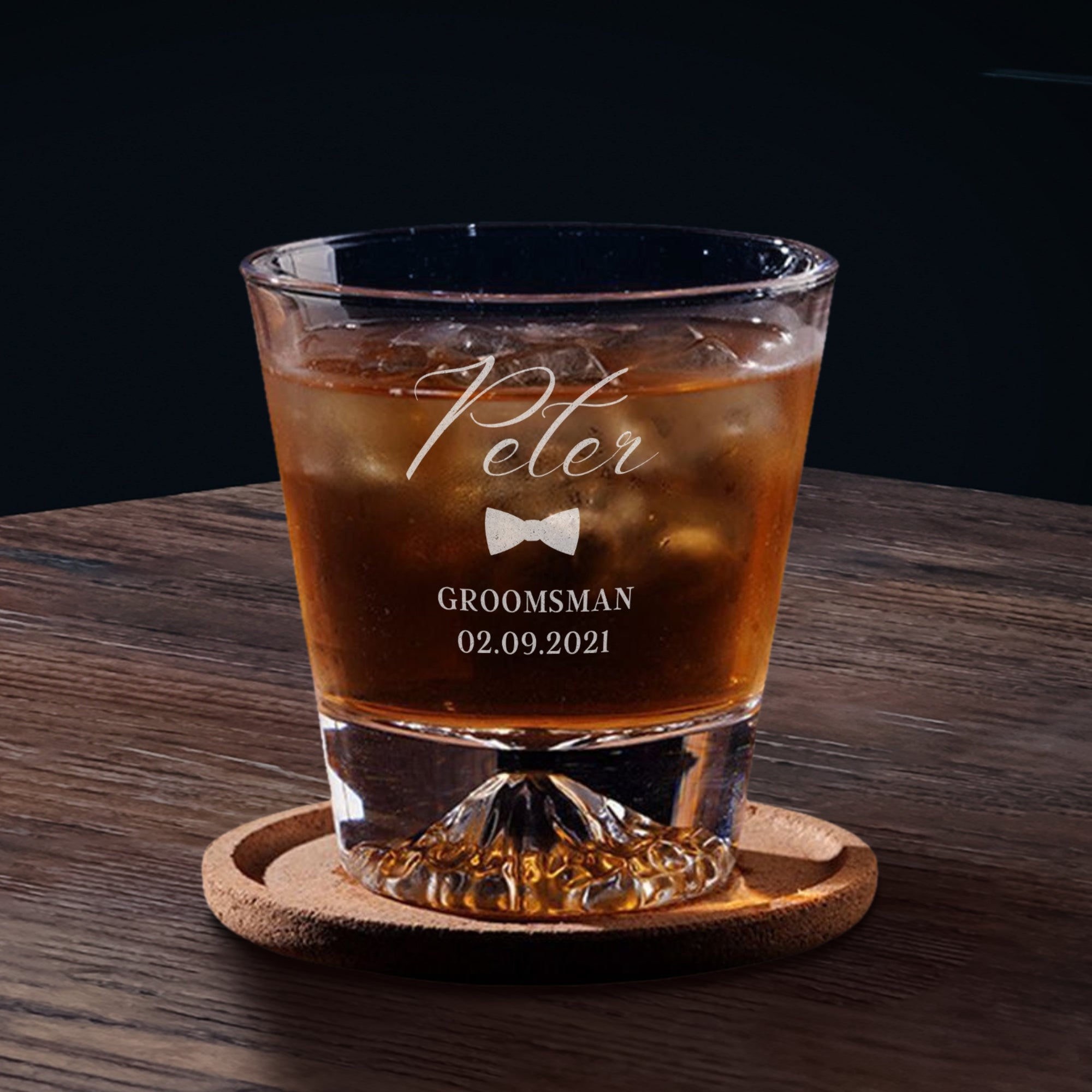 Custom Engraved Whiskey Wooden Box - 2 Mountain Scotch Glasses & 6 Rock Ice Stones, Personalised Barware Set, Groomsman Father Birthday Gift