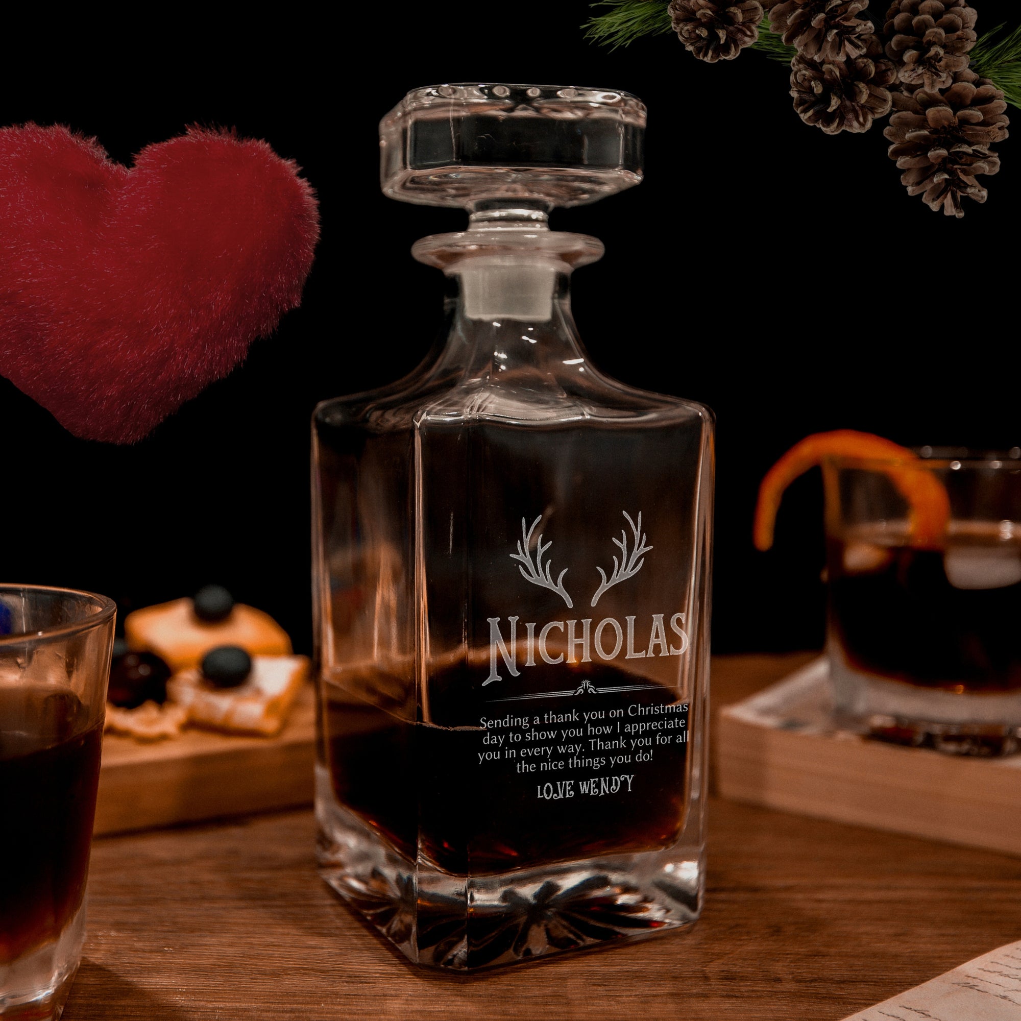 Engraved Christmas Wooden Boxed Whiskey Decanter Set & 4  Scotch Glasses, Personalised Custom Vintage Xmas Whisky Barware Birthday Gift Dad/ Him