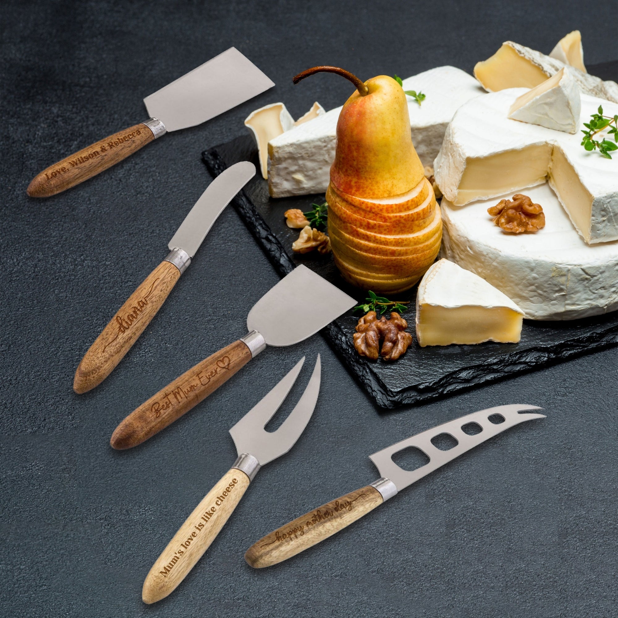 Personalised Fines Food Wooden Cheese Knife Set 5 Pieces, Custom Engraved Serving Charcuterie Spreader, Birthday Corporate Housewarming Gift