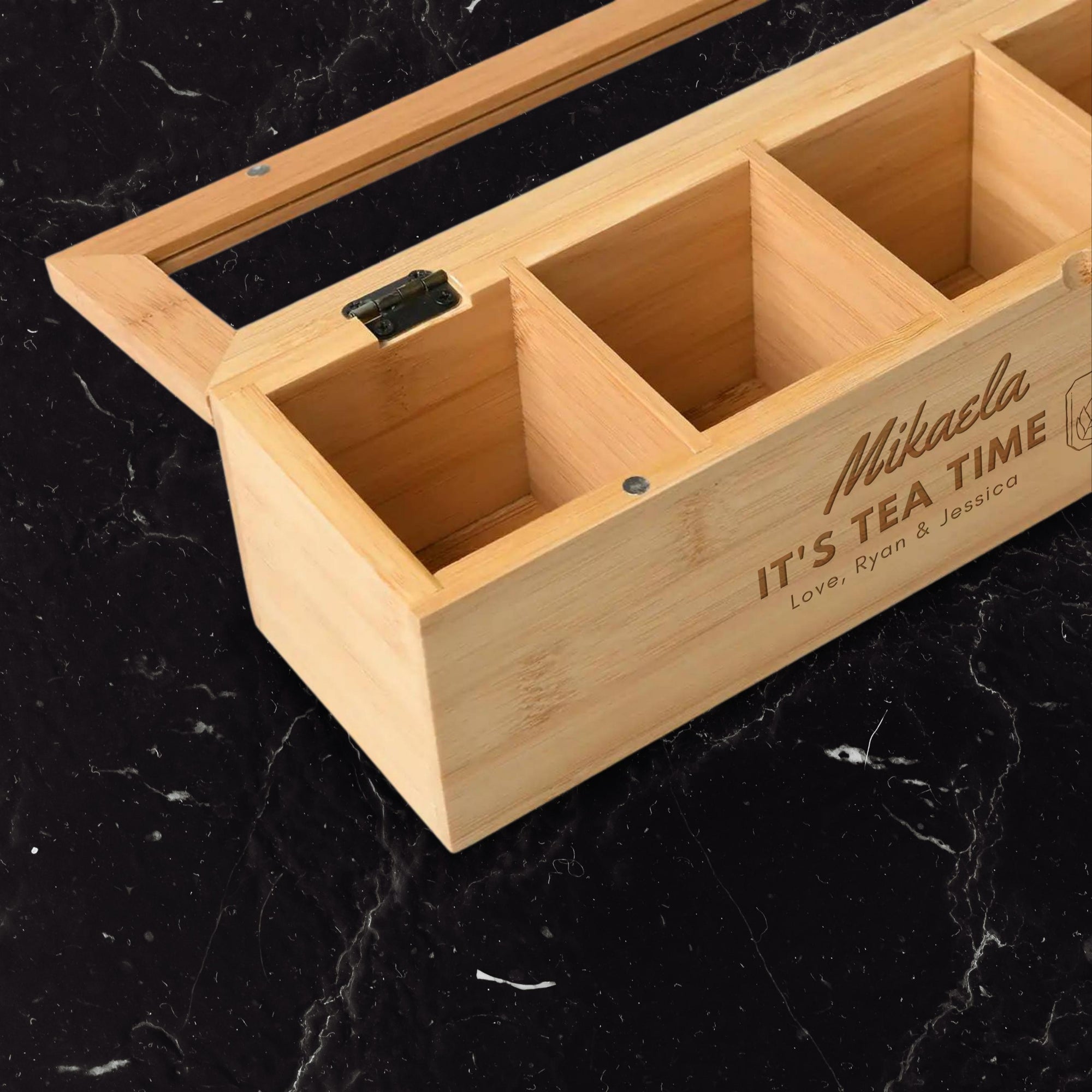 Personalised Bamboo 5 Slots Tea Bag Box, Etched Wooden Keepsake, Engraved Kitchen Custom Organised Storage, Housewarming/ Birthday, Mom-Dad, Teacher, Godparents Gift