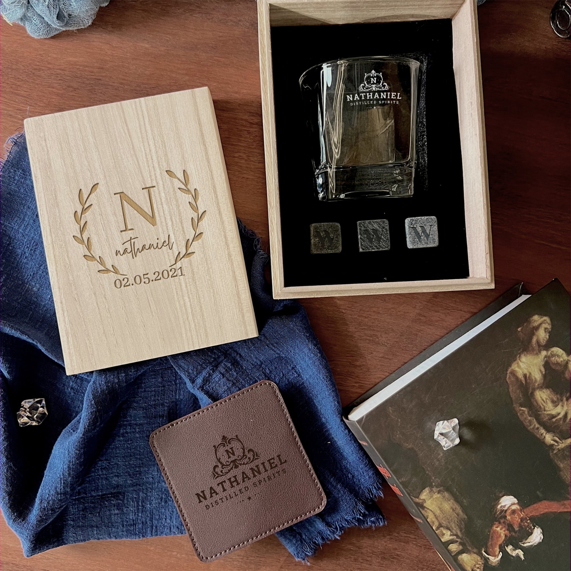 Personalised Wooden Whiskey Box, Scotch Glass, Ice Stones, Coaster, Custom Engraved Barware Set, Groomsman, Dad, Birthday, Corporate Gift