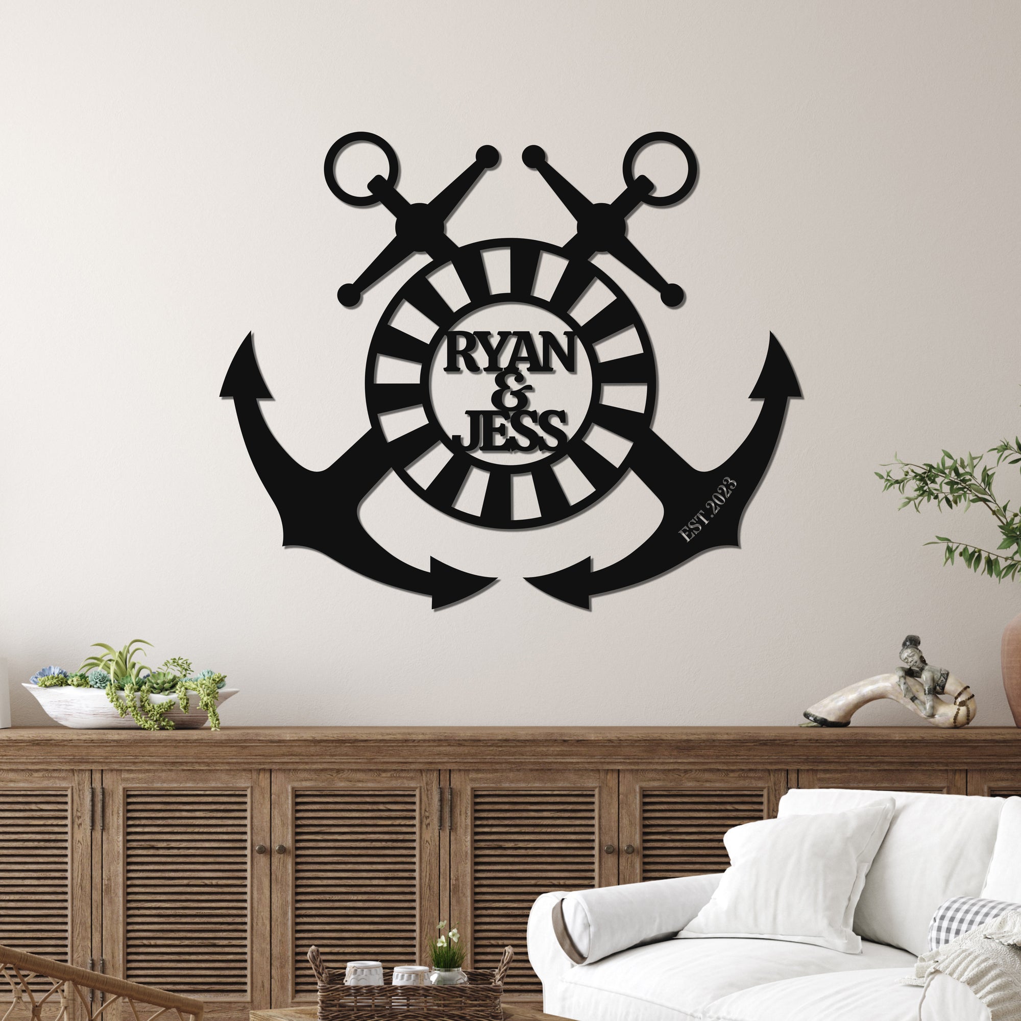 Personalised Name Sea Anchor Sign, Customised Nautical Wall Art, Beach House Decor, Ship's Wheel Hoop, Housewarming, Sailor Graduation Gift
