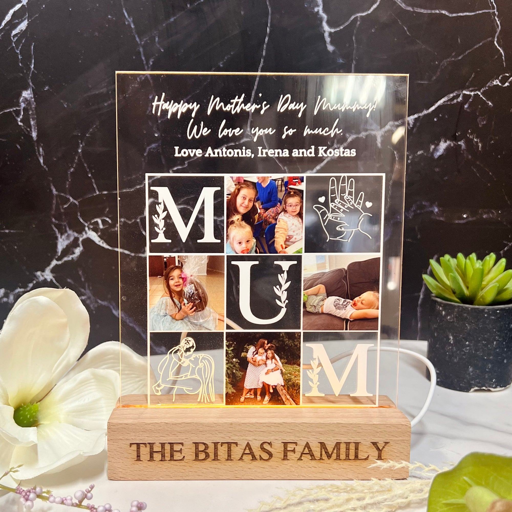 Custom 3D Collage Mom Photos Names LED Night Light, Personalised UV Printed Acrylic Wooden Table Lamp Sign Room Decor, Mum Mother's Day Gift