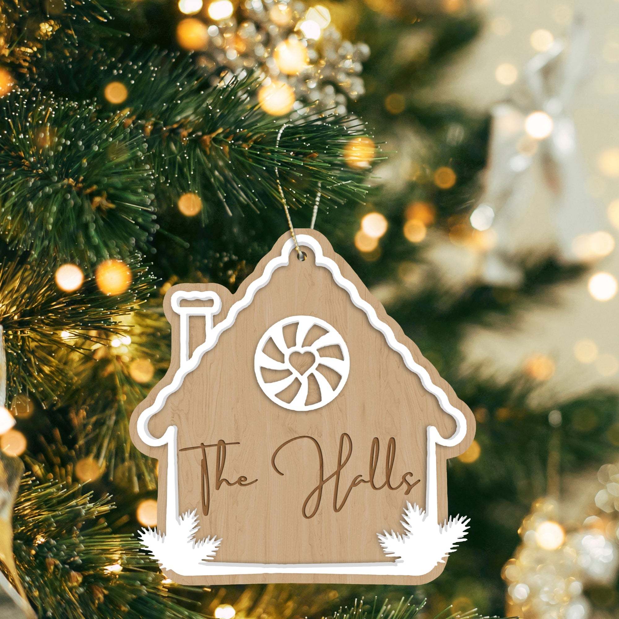 Personalised Double Layer Wood Gingerbread House Christmas Bauble, Custom Engraved Name Hanging Tree Ornament, Housewarming Decor Gift Tag