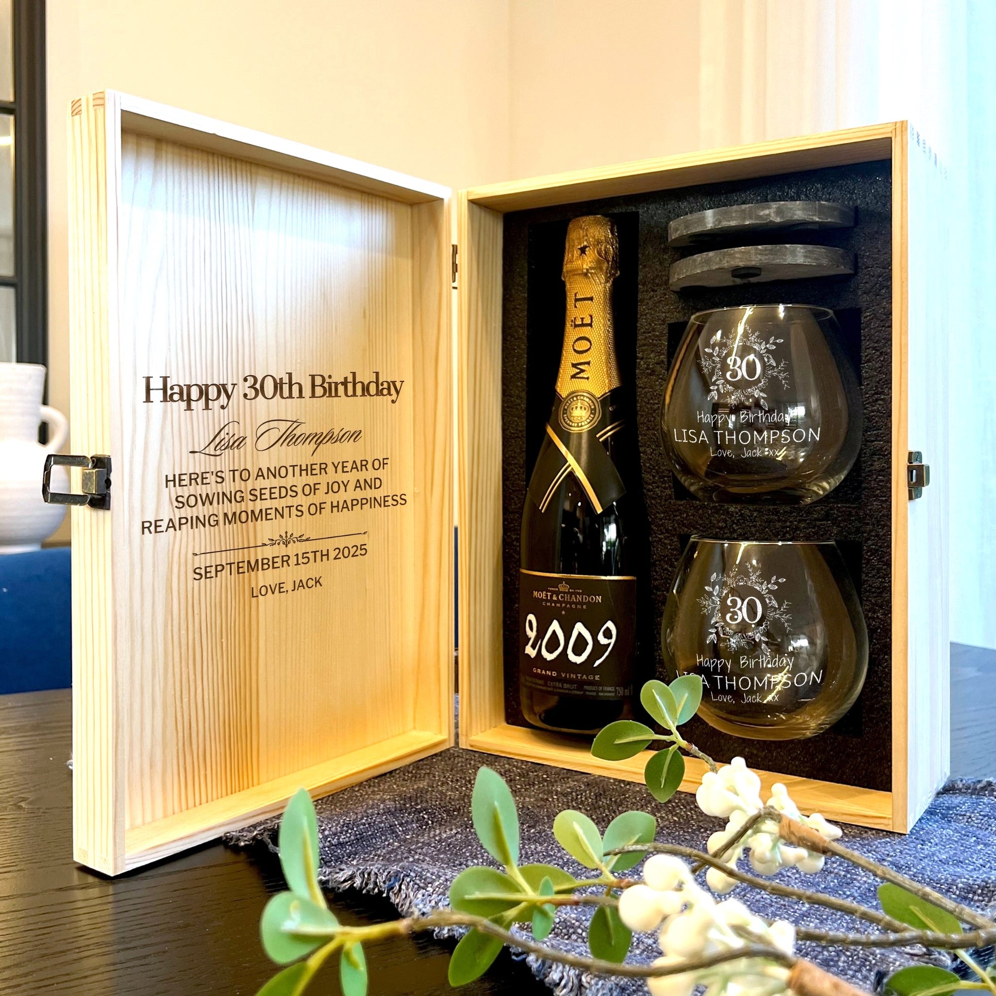 Personalised Pair Wine Glasses, Marble Coasters in Custom Etched Wooden Box, Groomsman Wedding, Birthday, Housewarming Anniversary Xmas Gift