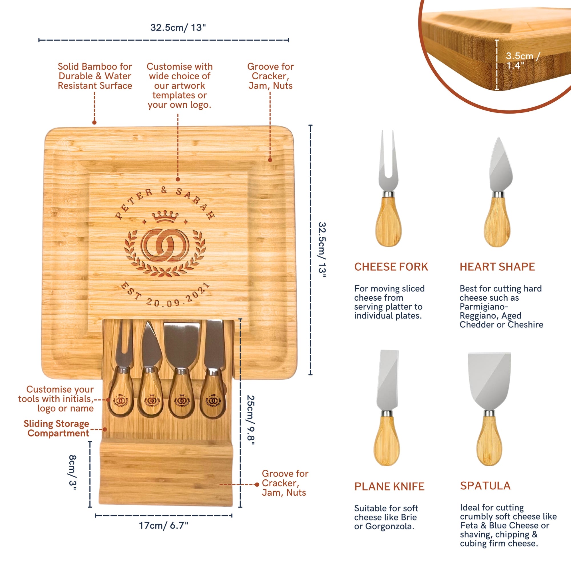 Personalised Bamboo Square Cheese Board Pull Out Knife Set, Engraved Serve Tray, Charcuterie Platter, Wedding Anniversary, Housewarming Gift