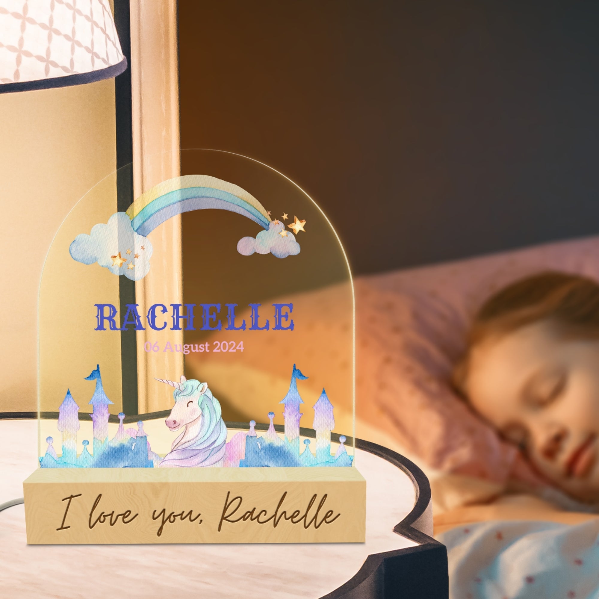 Personalised 3D Kid LED Night Light, Custom Waterpaint Cartoon Animal & Name Wood Acrylic Print Table Lamp, First Birthday, Nursery Kid Gift