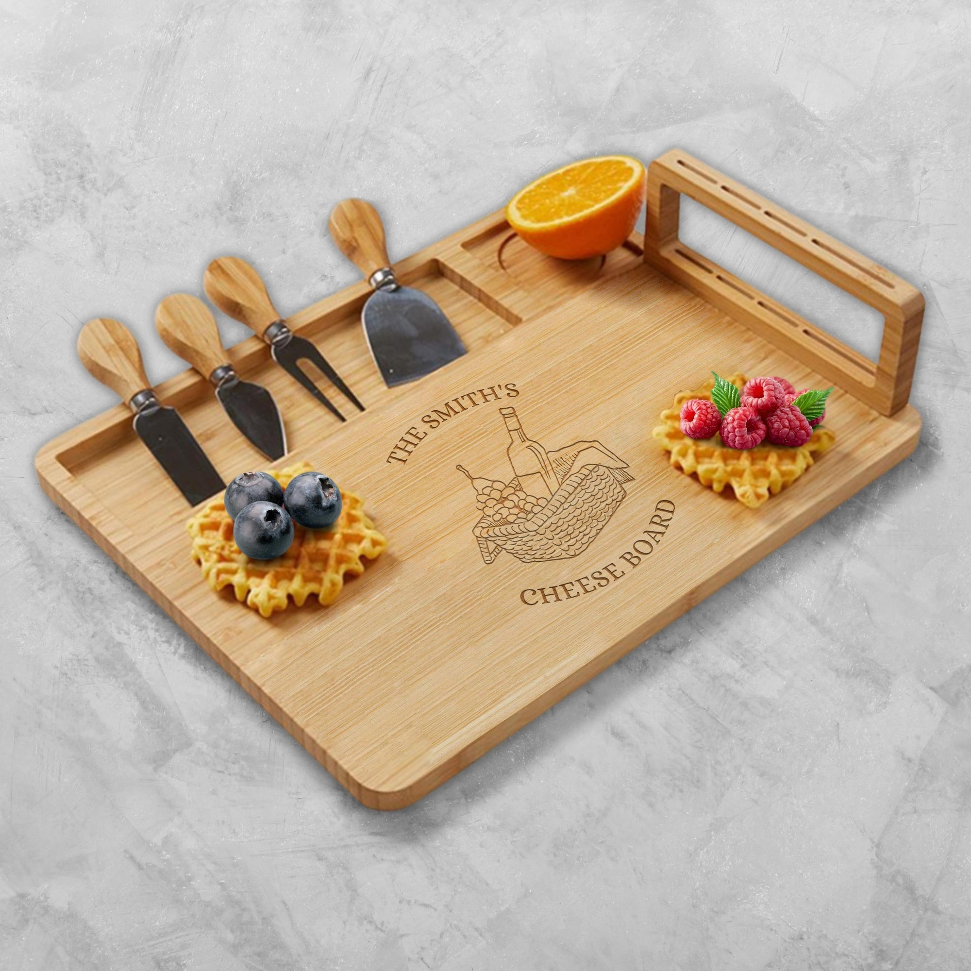Personalised Bamboo Wooden Cheese Board & Knife Travel Set, Engraved Serve Tray, Charcuterie Platter, Wedding, Anniversary, Corporate, Housewarming Gift