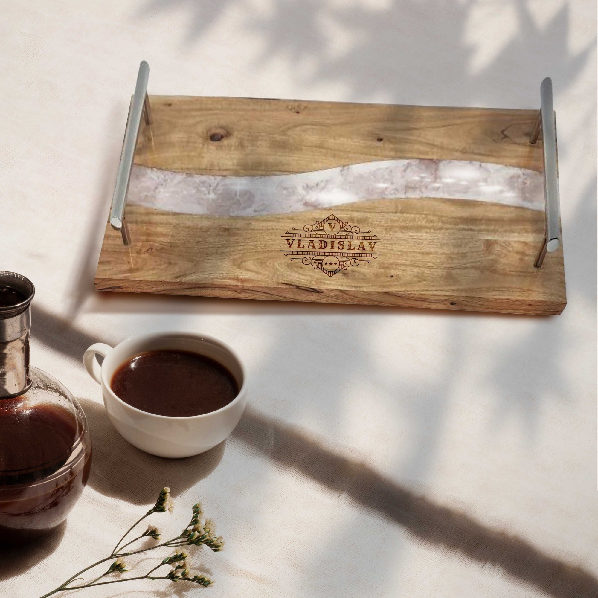 Personalised Acacia Wood & Pink Resin Cheese Handle Tray, Custom Engraved Serving Board, Charcuterie Platter, Decor Housewarming Gift