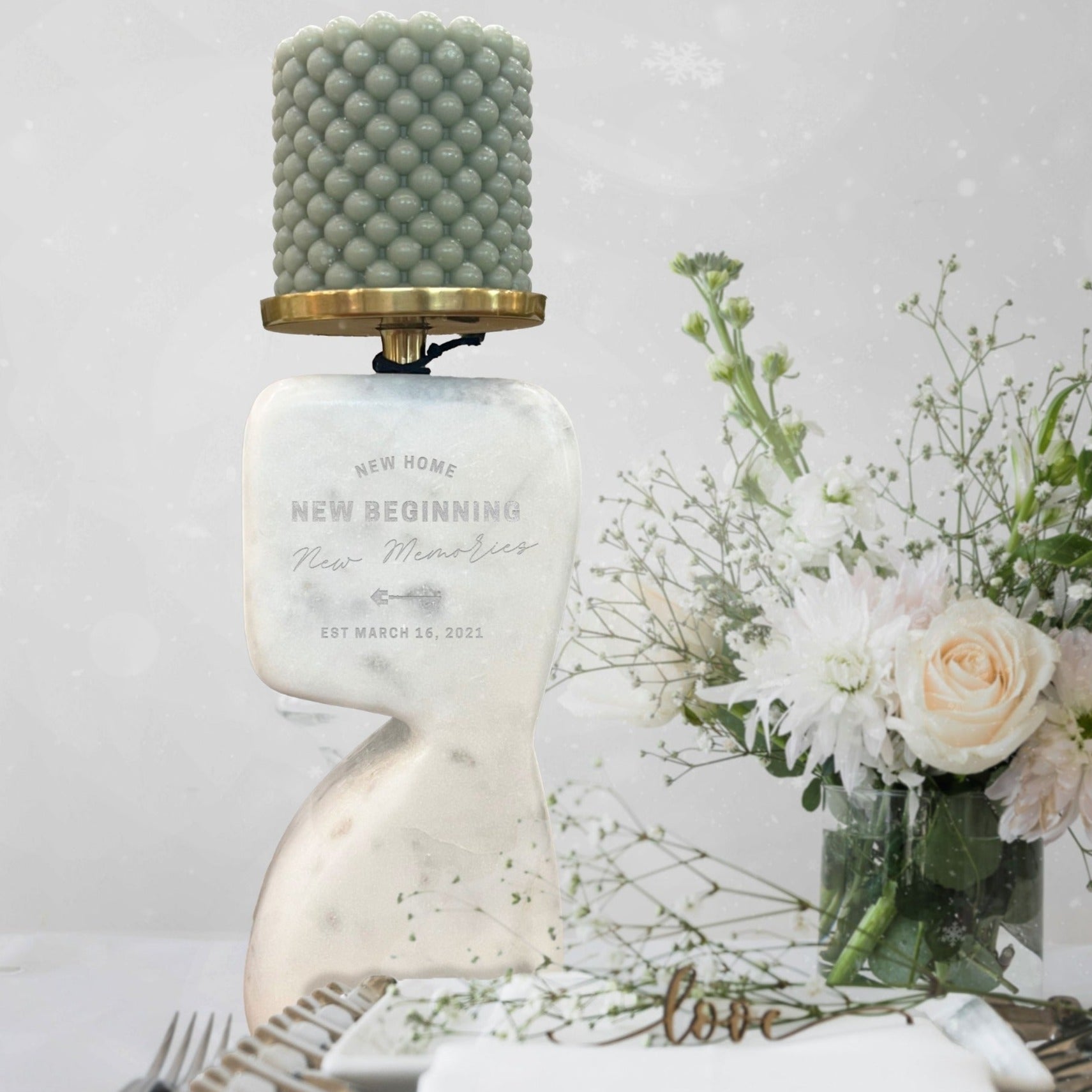 Personalised Marble & Brass Candle Holder, Custom Engraved  Metallic Paint Silhouette Abstract Jewellery Accessories Tray, Housewarming Gift