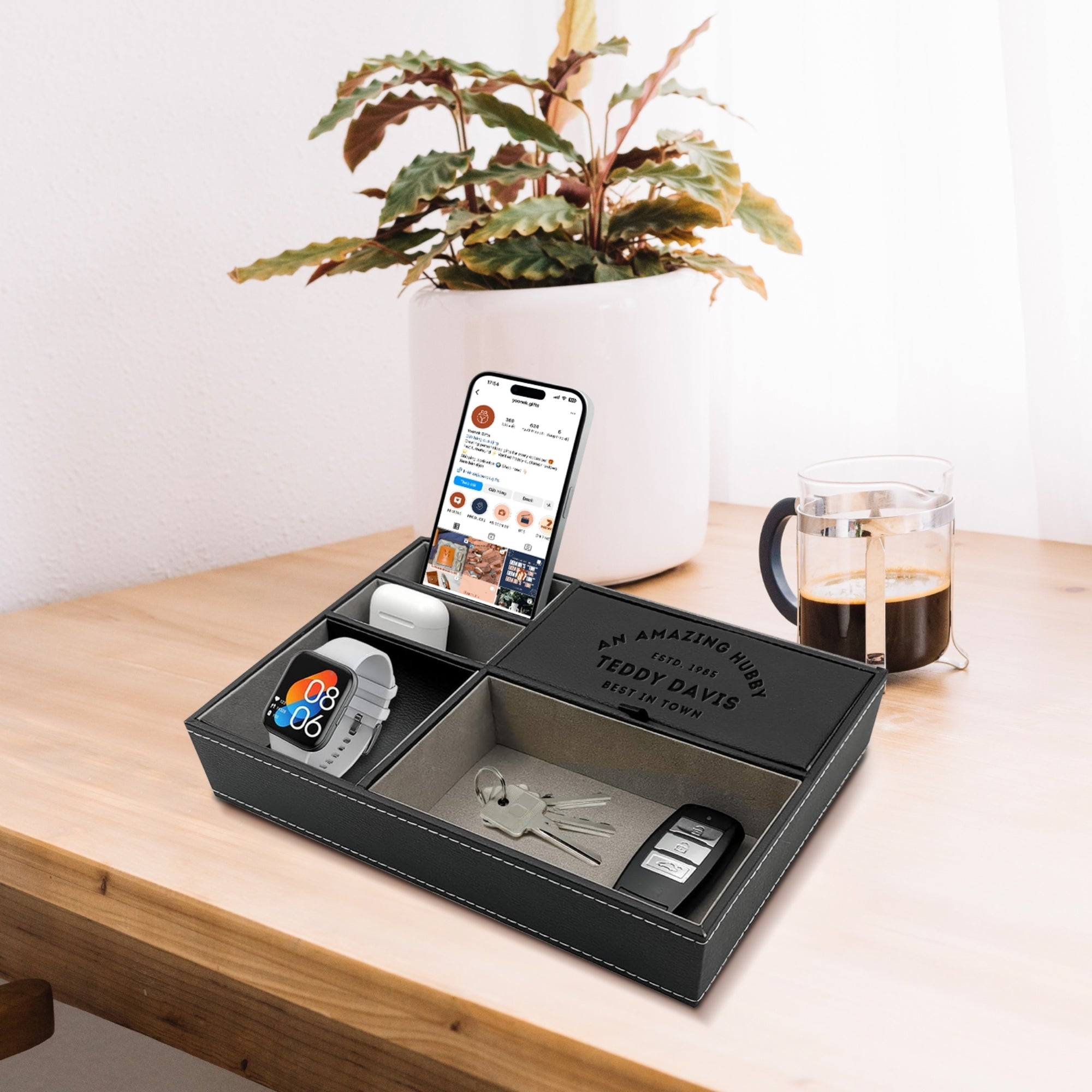 Personalised Leatherette Valet Catch All Tray, Custom Engraved Night Stand Organiser Station, Jewellery Storage, Desk Caddy, Father Mom Gift